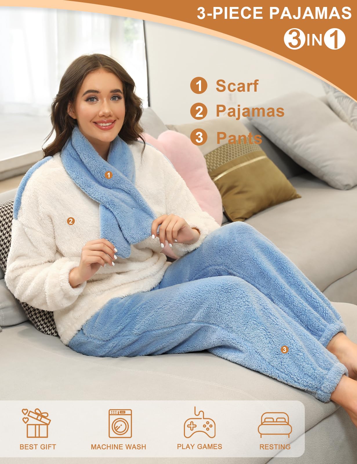 RITOSTA Pigiama Donna Invernale Felpato Pigiama Invernale in Pile Morbido Pigiami Stitch Lungo Pigiama Natalizio Tuta Termica Due Pezzi da Donna con Felpa Pile,Sciarpa,Pantalone