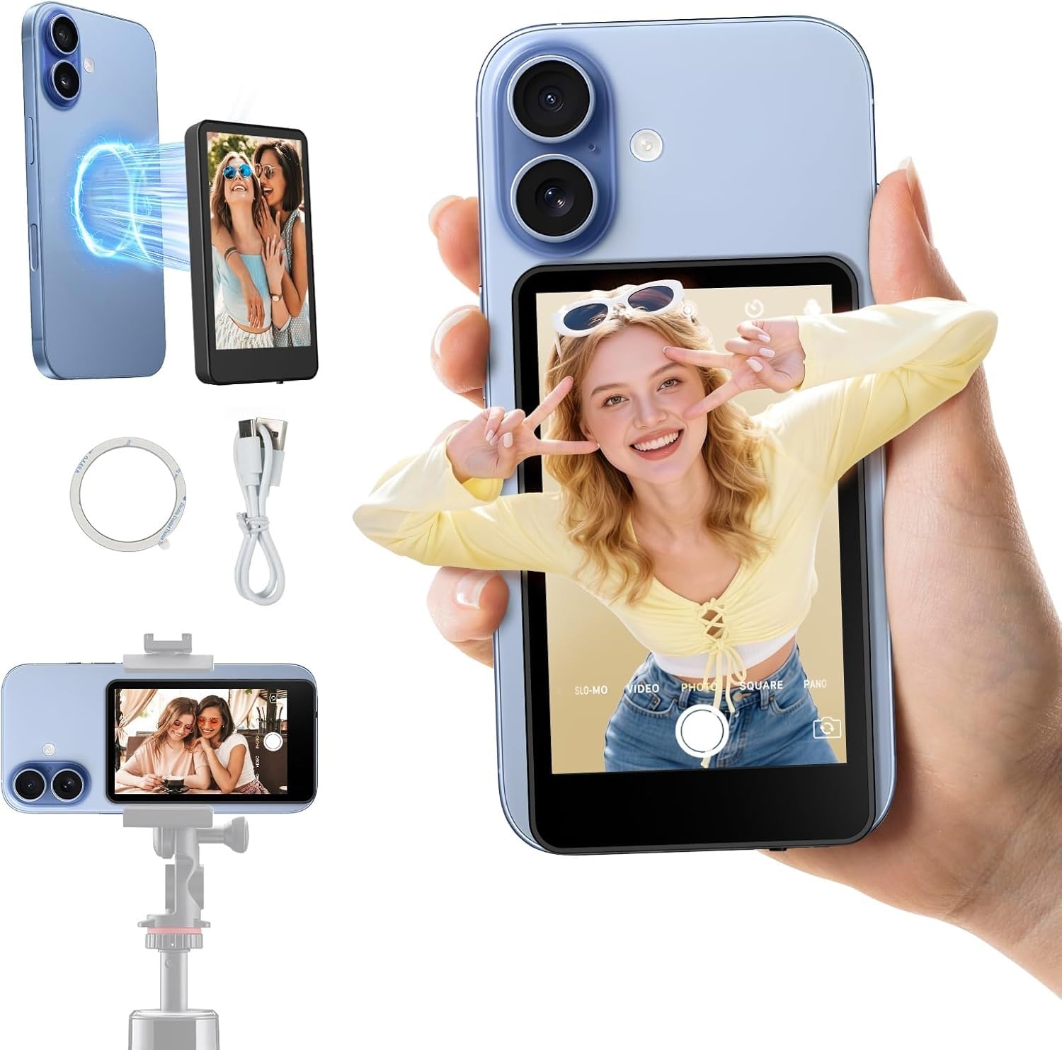 Phone Vlog Selfie Monitor Screen, Magnetic Mount, 1080P Wireless Recording, Rear Camera for Selfie Vlog Live Stream Compatible with iPhone & Android Phone, Multi Screen Share(Black)-picture-27