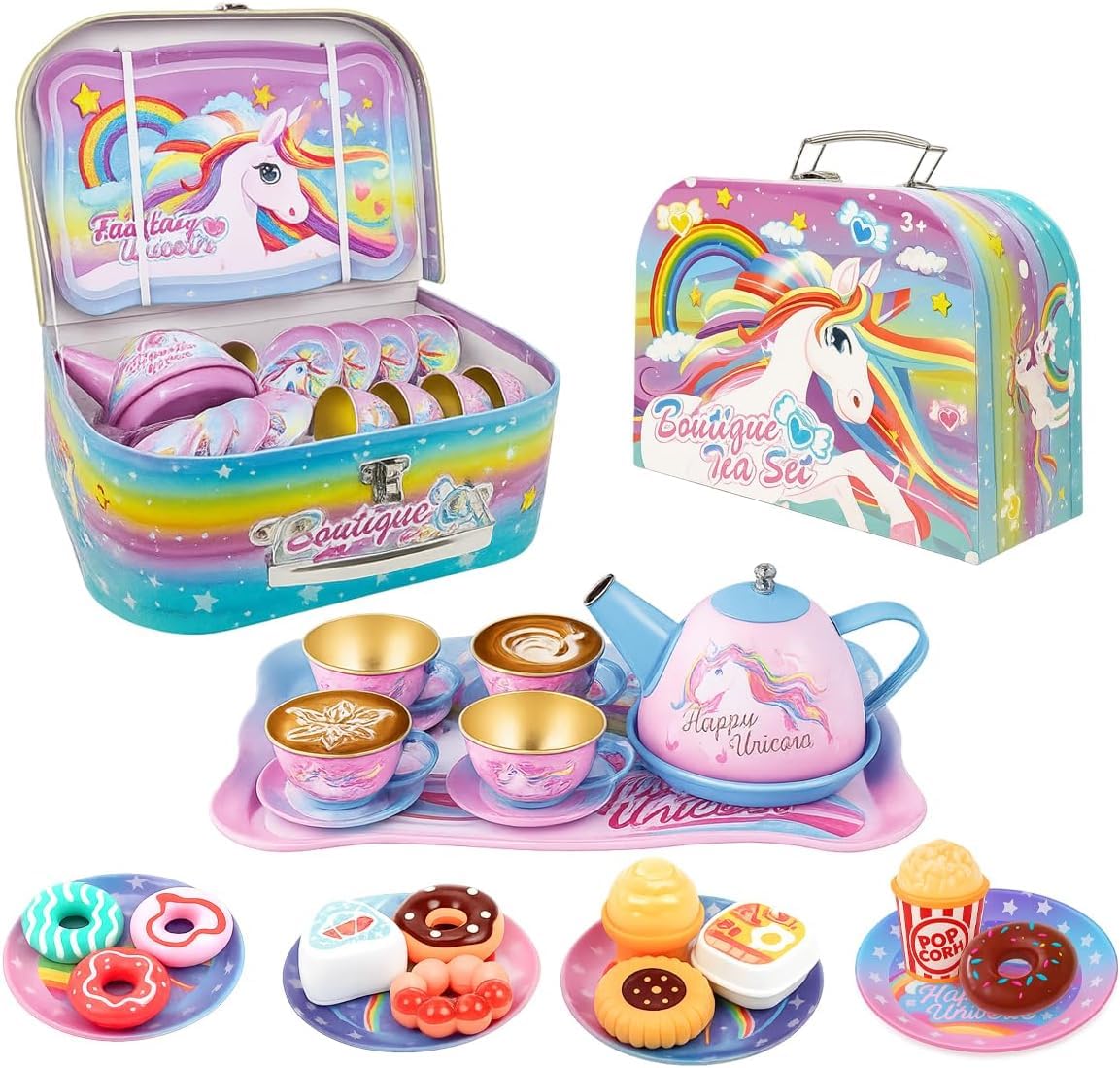 Toyana Kids Unicorn Tea Set 27 PCS with Metal Carry Case, Pretend Play Tea Party Playset with Teapot, Cups, Plates & Cupcakes, Role Play Kitchen Toy Accessories for Imaginative Play, Birthday Gift