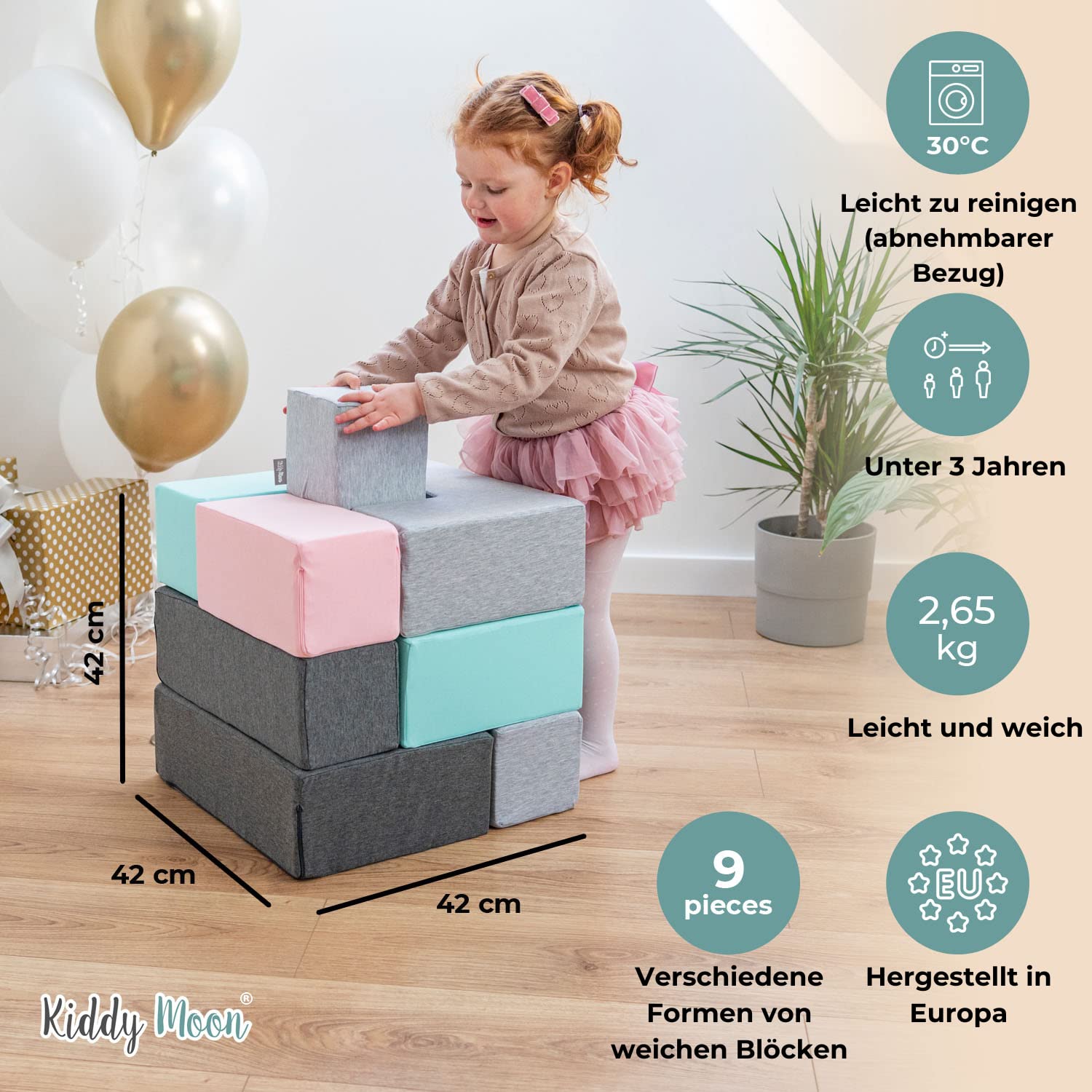 KiddyMoon Schaumstoff Würfel Für Baby Weiche Blöcke 9 Stücke Schaum Spielzeug Montessori-Spielzeug Mit Schaum Und Viel Spaß Für Kinder, Mix: Hellgrau-Dunkelgrau-Pink-Mint
