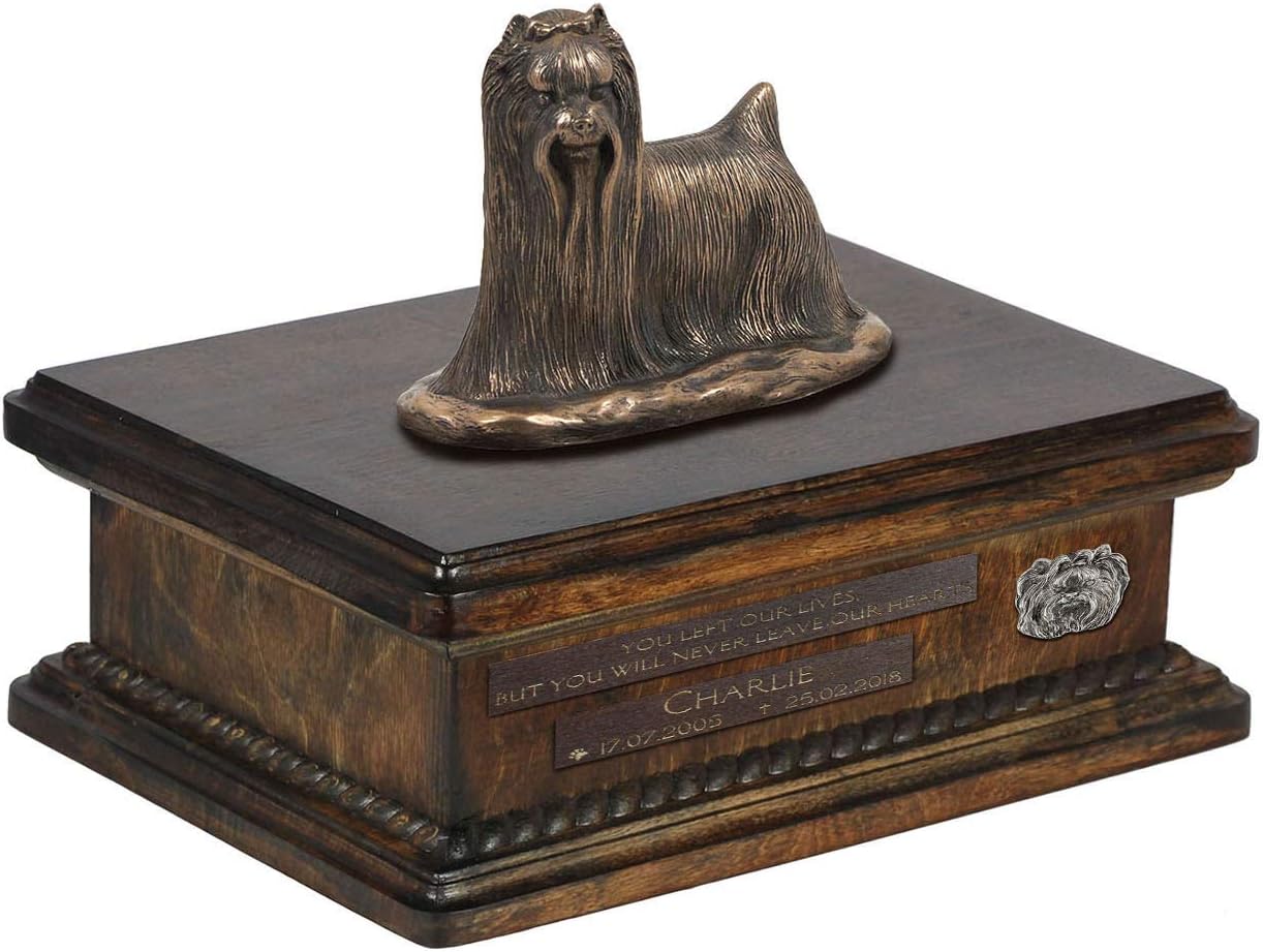 Art-Dog Custom Dog Sitting Statue Memorial Urn - Handmade Cold Cast Bronze on Birch Base – Sturdy and Stylish Urn for Dog’s Ashes – 8.3x11.4x8.7 – 5l – Yorkshire Terrier I