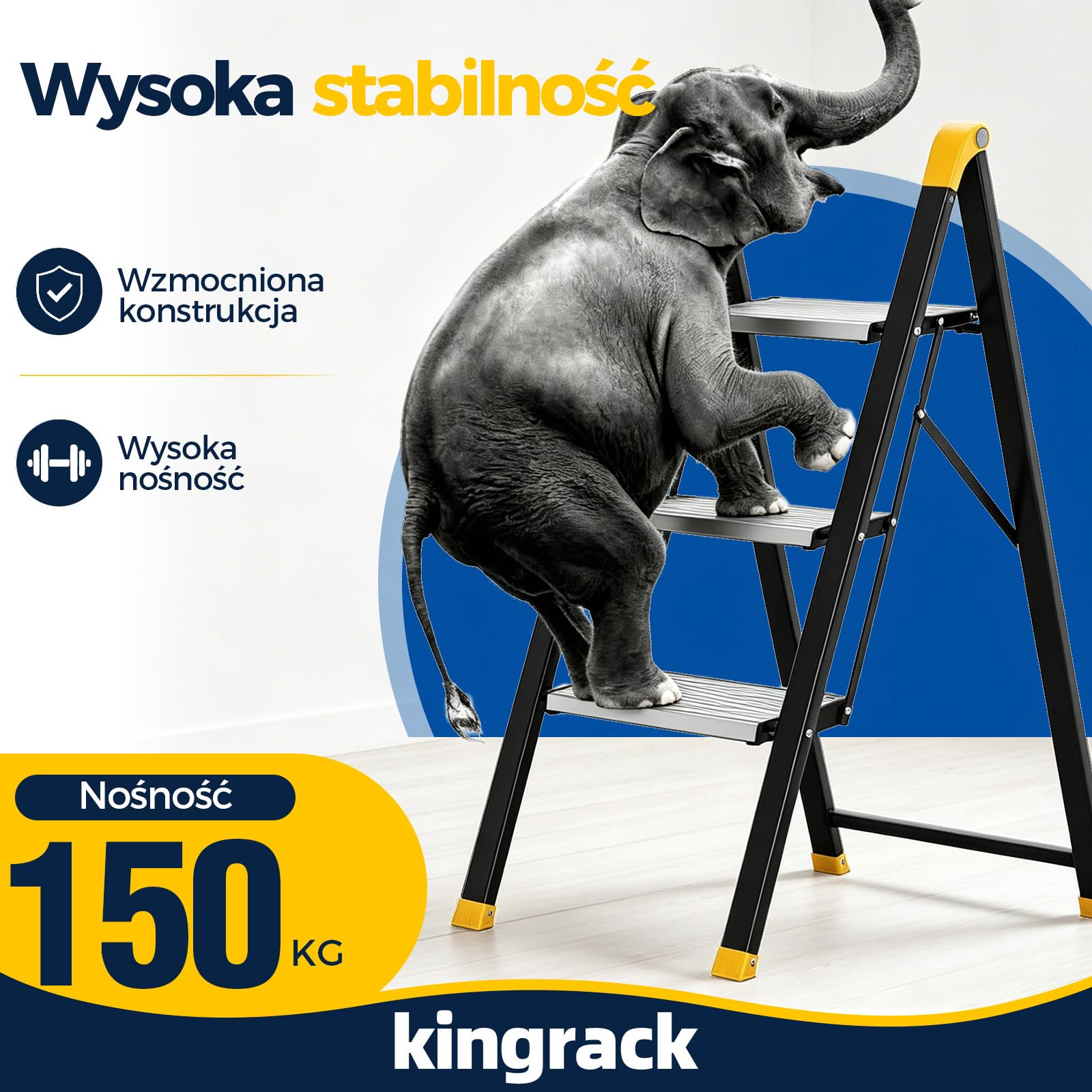 KINGRACK Drabina schodkowa, 3-stopniowa, składana, do gospodarstwa domowego, obciążenie do 150 kg, czarna