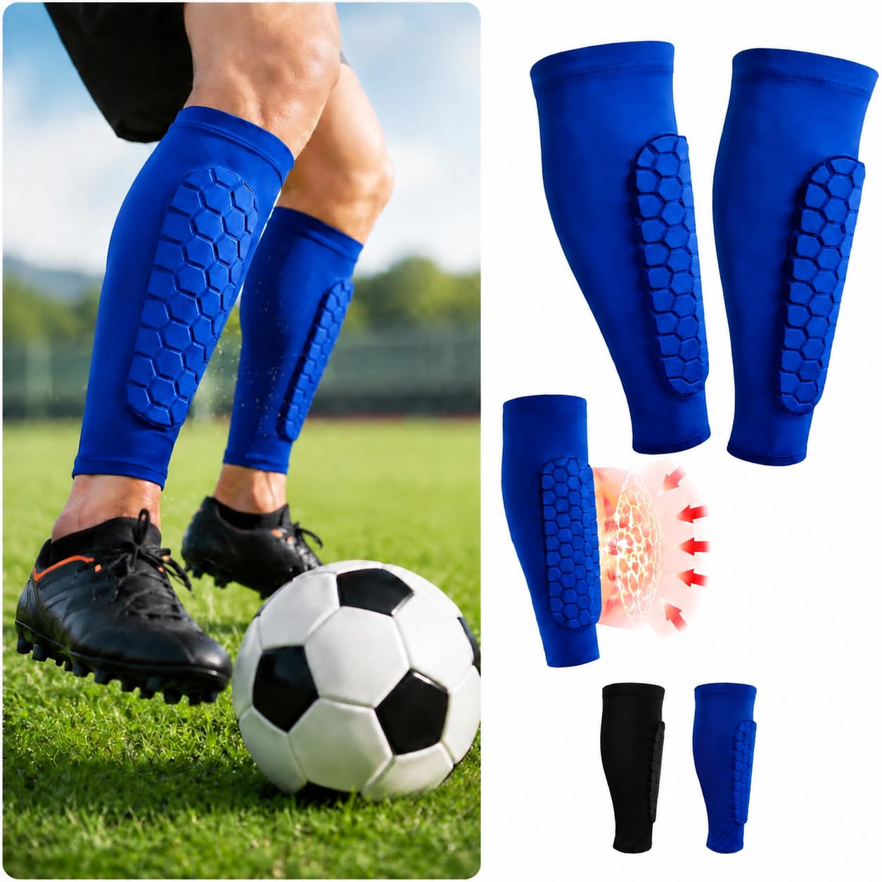 Football Shin Pads Guards for Boys Girls, Shin Guards for Defender Honeycomb Compression Sleeve for Superior Impact Absorption, Elastic Breathable Knit, Lightweight Comfortable Fit Soccer