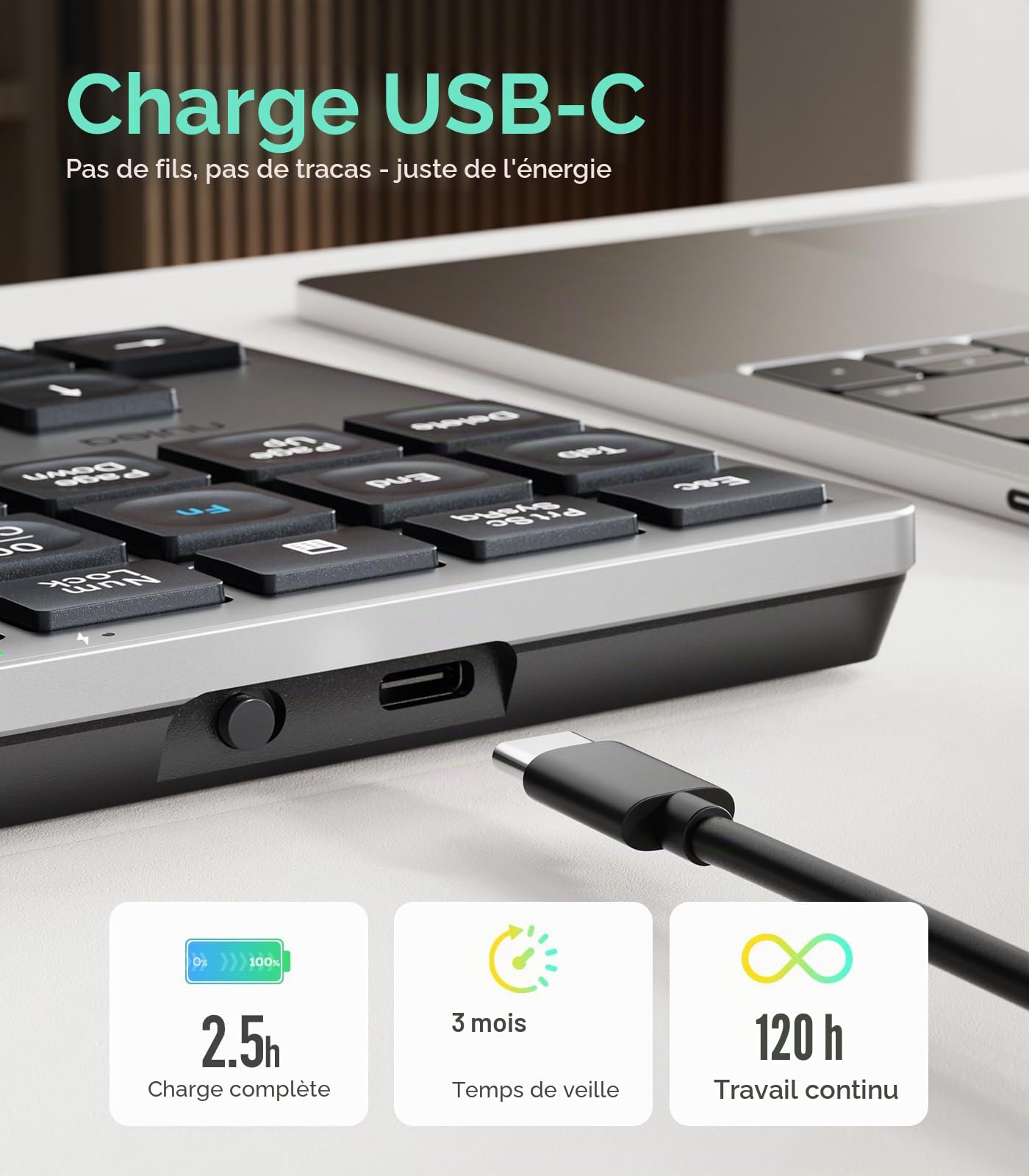 Clavier numérique portable sans fil Bluetooth 5.0 Nulea, rechargeable par USB-C, clavier Bluetooth 34 touches pour la saisie de données, compatible avec ordinateur portable, Mac, iMac, tablette, PC de