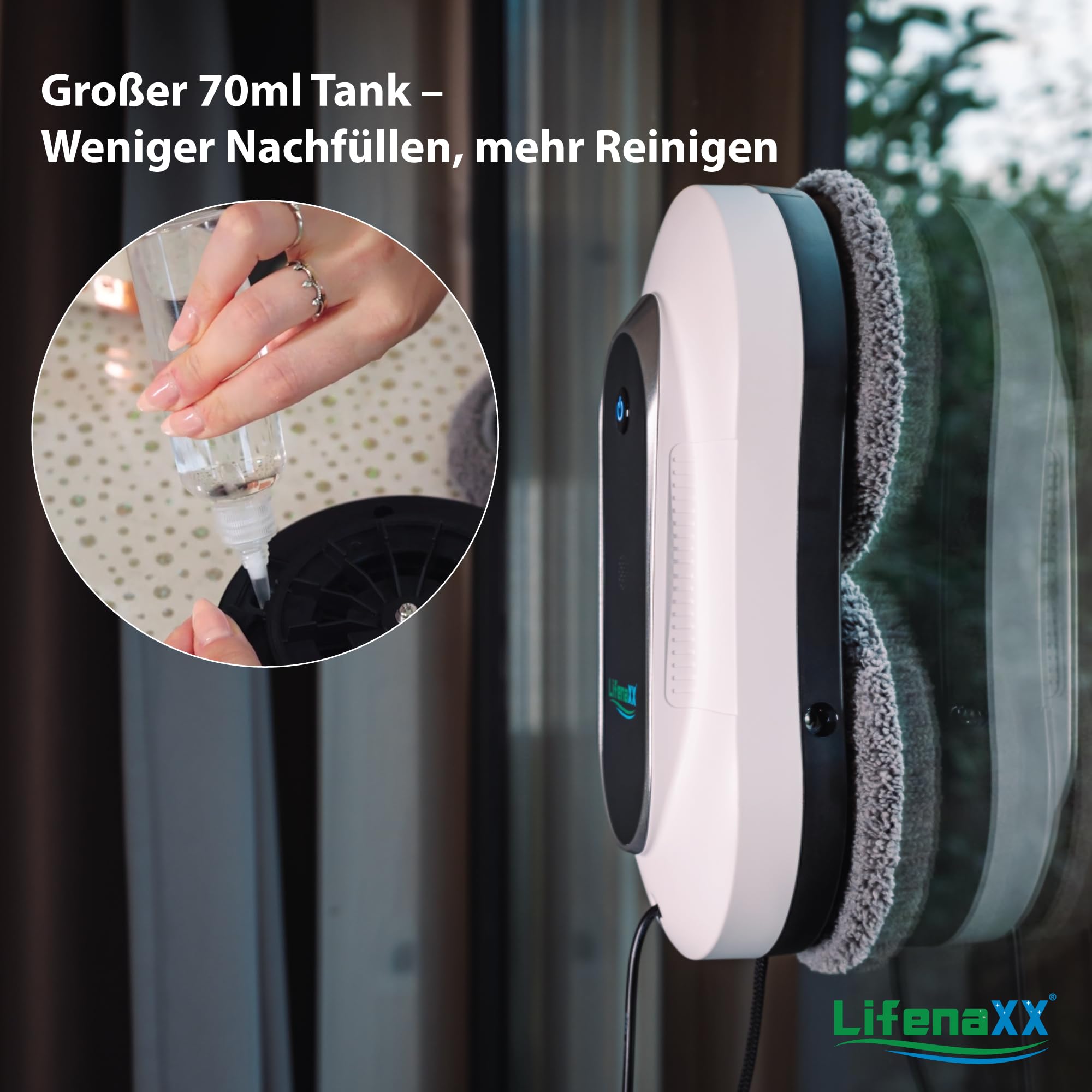 Lifenaxx Fortschrittlicher Fensterreinigungsroboter LX-055, elektrischer Fensterreiniger mit 2 Sprühdüsen, hohe Saugkraft, großer 70-ml-Wassertank, Fernbedienung – ideal für Fenster, Fliesen, Spiegel