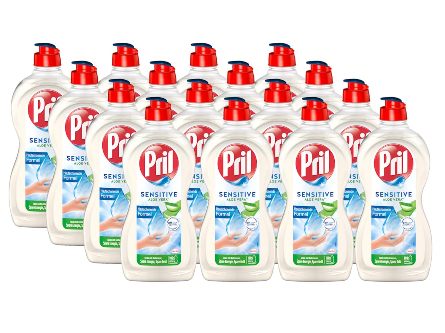PRIL Sensitive Aloe Vera (16x 450 ml), Handgeschirrspülmittel mit hoher Fettlösekraft, für sauberes Geschirr auch in kaltem Wasser, pH-hautneutrale Formel