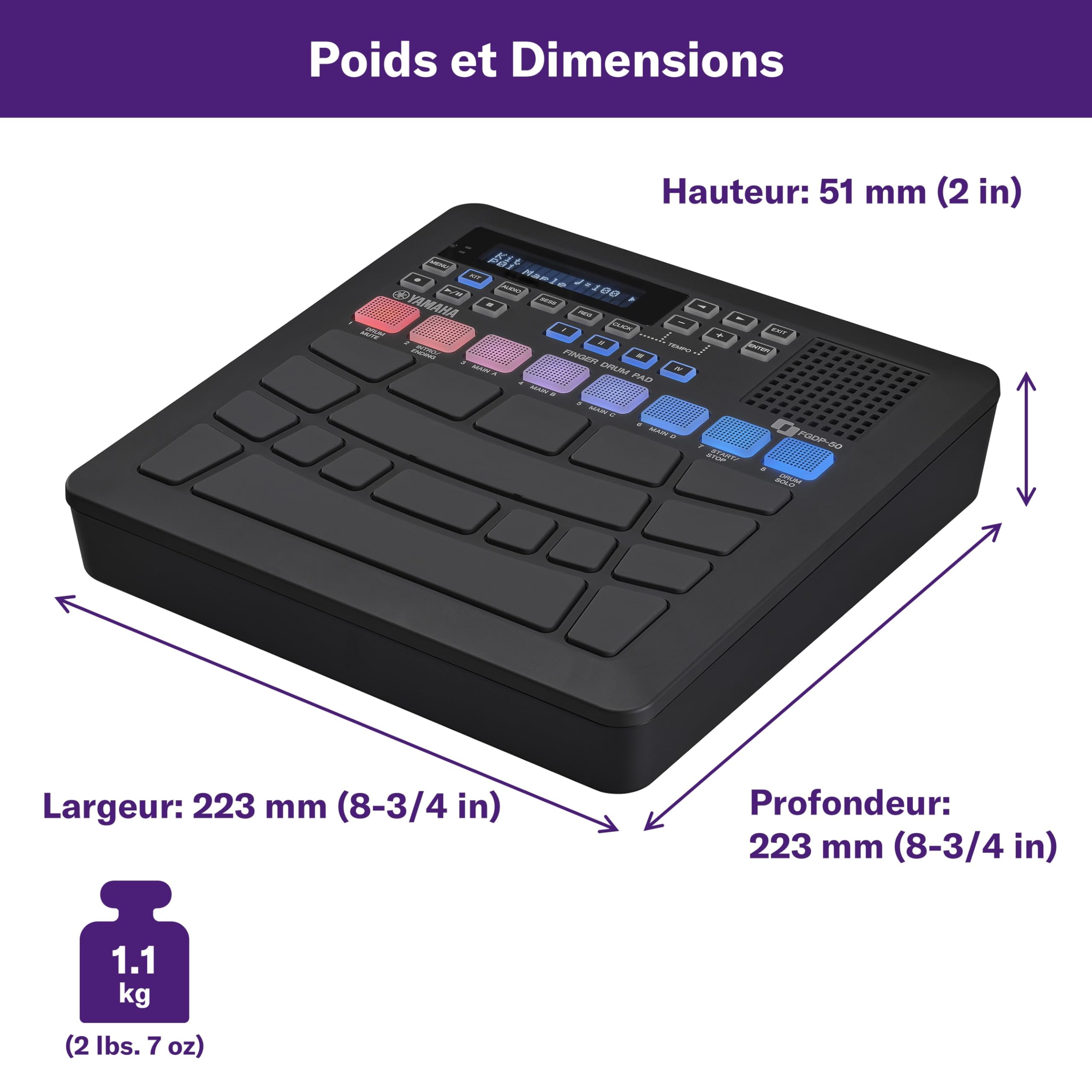 Yamaha FGDP-50 Finger Drum Pad – Pad de Batterie Électronique Avancé avec Pads Ultra-Sensibles, 48 Kits Préréglés, 1.500 Sons, Haut-parleur Intégré, USB MIDI/Audio, Batterie Rechargeable et Entrée AUX
