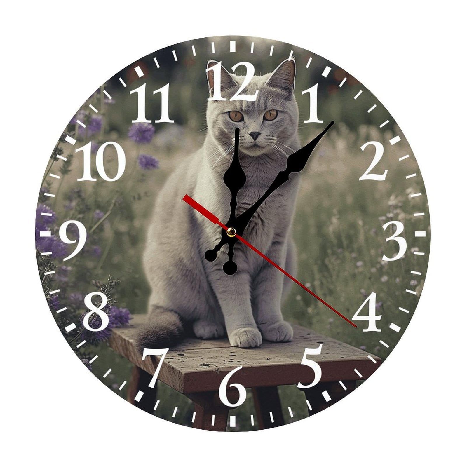 Horloge silencieuse à piles chat gris ronde et fleurie à chiffres arabes pour maison