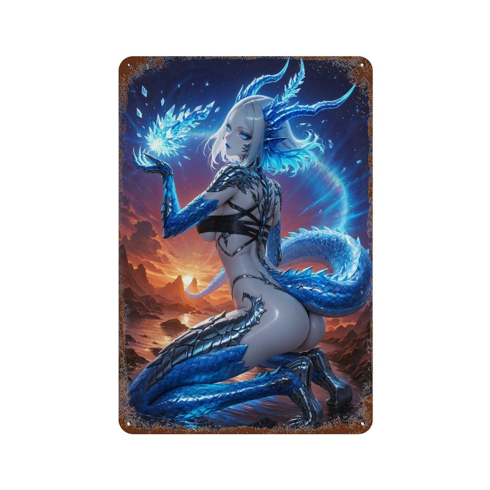 Blue Dragon Woman Distressed Metal Wall Sign 11.8"x7.9", for Basement, Hobby Room And Garage Decor, Shabby Chic Decor