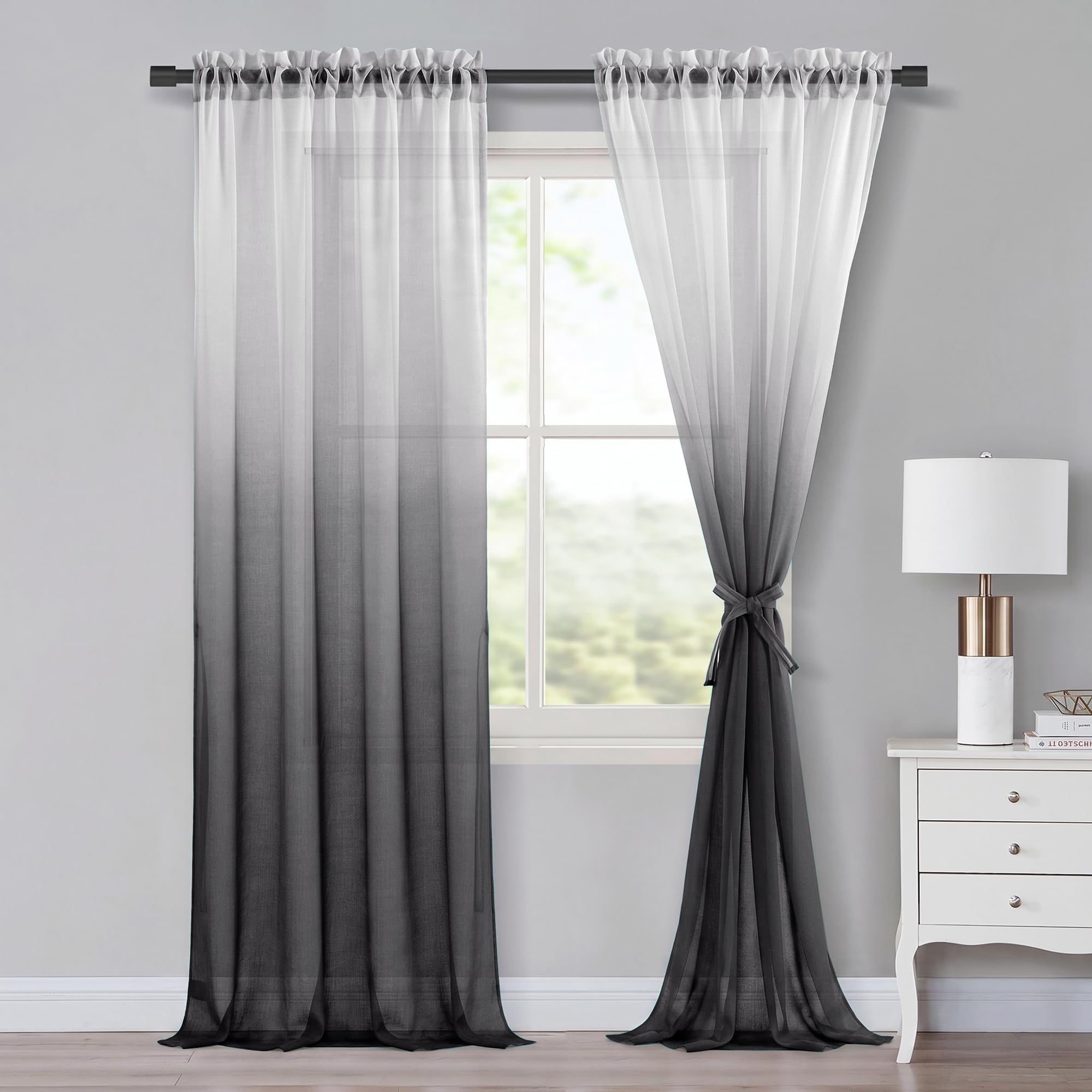 Cortinas de gasa degradada XWZO gris 2 paneles traslúcidos para ventanas de salón