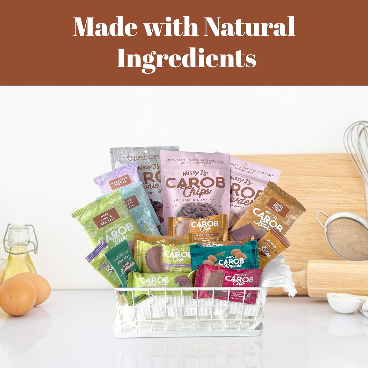 Missy J's Organic Carob Sampler Pack of 18 Products, Vegan Gluten Free, Substitute for Chocolate, Perfect for Snacks and Treats
