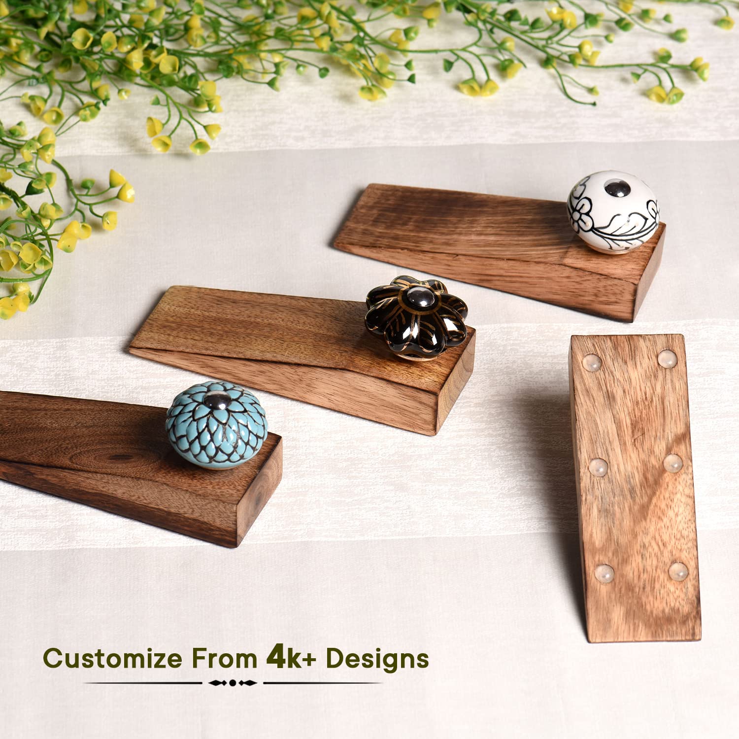 Indian-Shelf 4 Pieces Wood Door Stopper for Home Rubber Etched Floor Gate Stopper Green Door Wedge Fabulous Grip 4