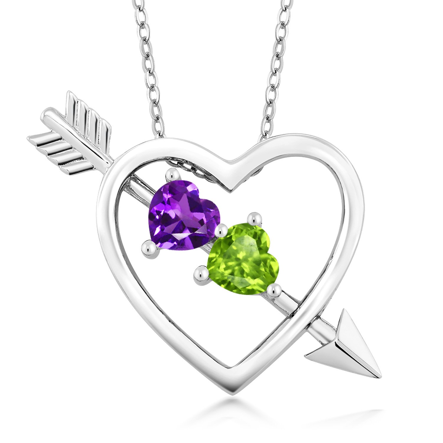 Gem Stone King925 Sterling Silver Purple Amethyst and Green Peridot Heart and Arrow Women's Pendant Necklace For Women (0.90 Cttw, with 18 Inch Silver Chain), Metal Gemstone, Amethyst Peridot