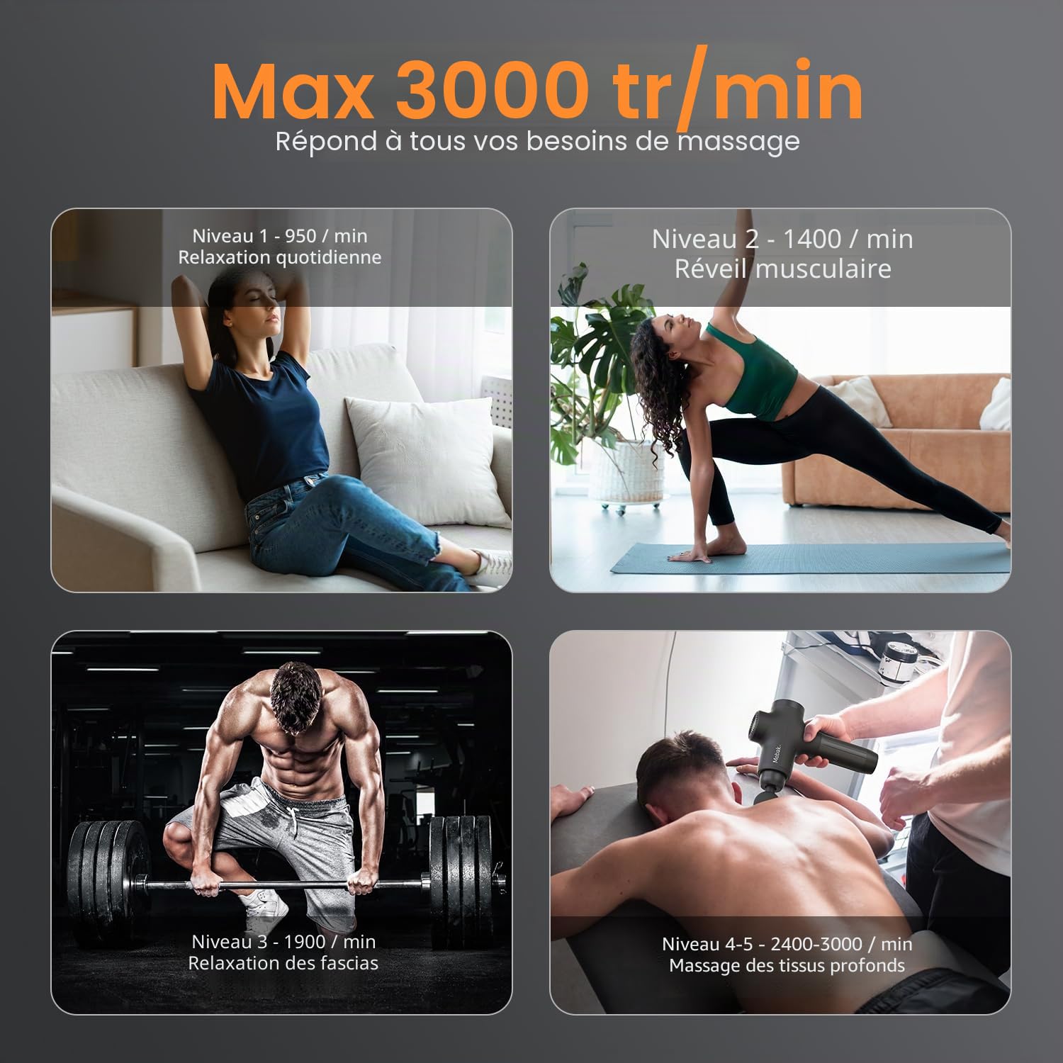 Mebak 3 Pistolet de Massage Musculaire Massage Gun Masseurs Électriques Portables Masseur des Tissus Profonds Soulagement des la Douleur Ultra Silencieux avec 7 tête 5 vitesses 12mm Amplitude