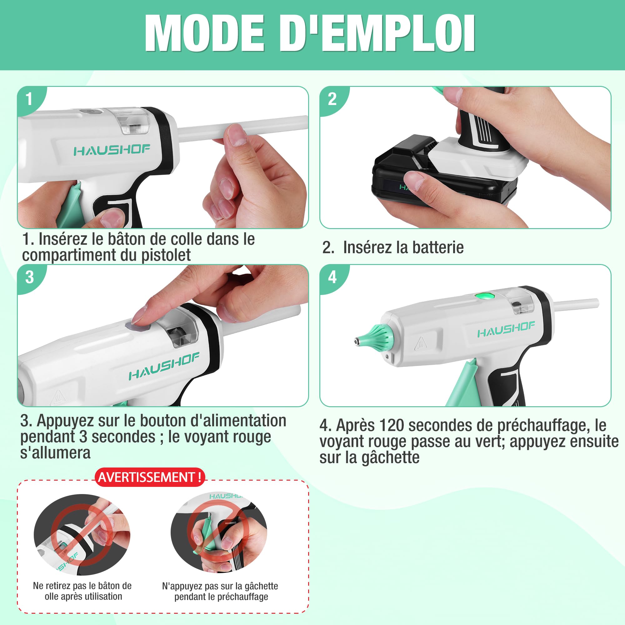 HAUSHOF Pistolet à Colle Chaude Sans Fil 20 V avec Batterie et Chargeur | 20 Bâtons de Colle 11×150 mm, Arrêt Automatique, Chauffage Rapide pour Bricolage, Artisanat et Réparations Rapides
