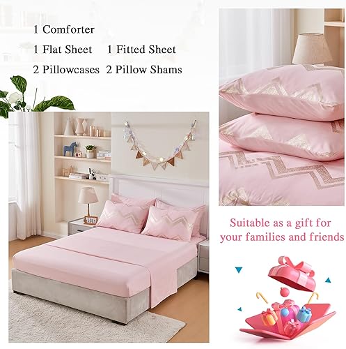 Miniatura 5 de Wowelife Juego de edredón rosa para cama de tamaño Queen, 7 piezas con purpurina plateada, juego de ropa de cama tamaño Queen, juego de edredón para