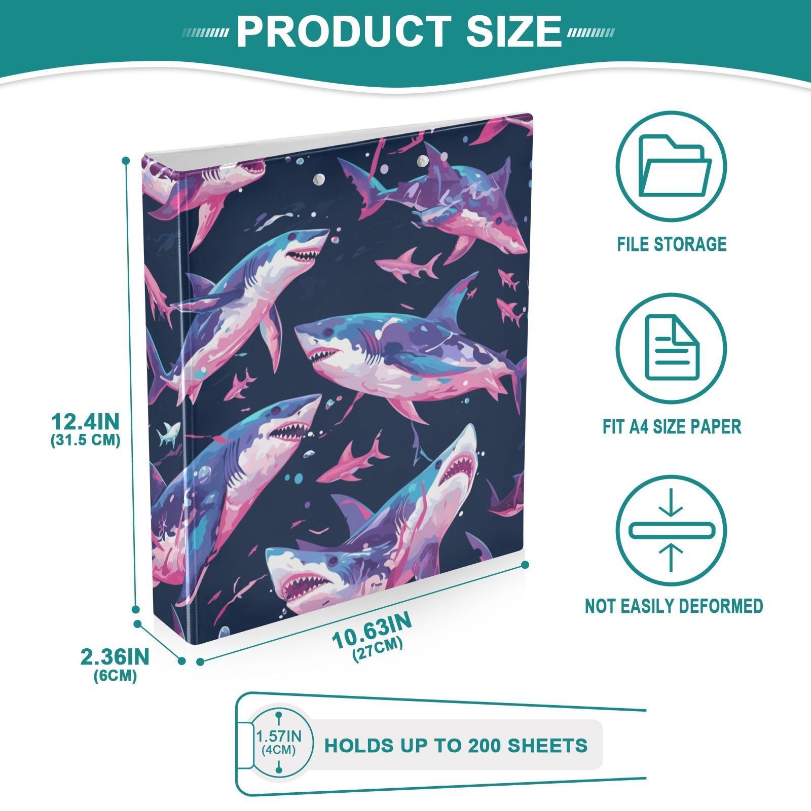 Shark Ocean - Raccoglitore a tre anelli con tasche, 1,5 pollici, colore: blu navy