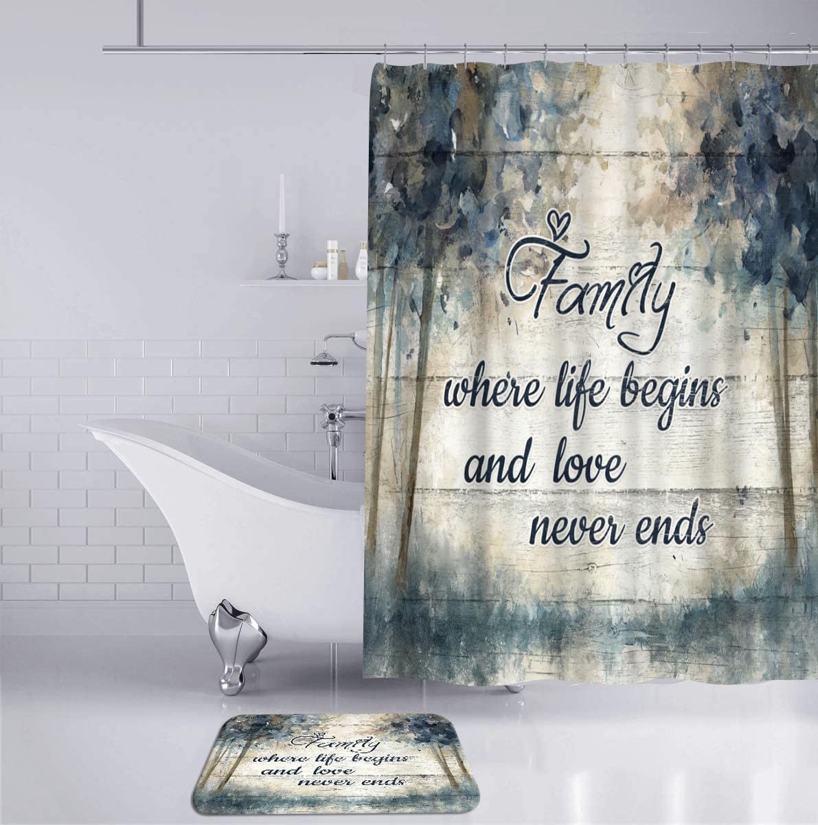 Tree Shower Curtain Set with Bath Mats Family Quote Blue Beige Rugs and Accessories 4 Piece Bathroom Decor