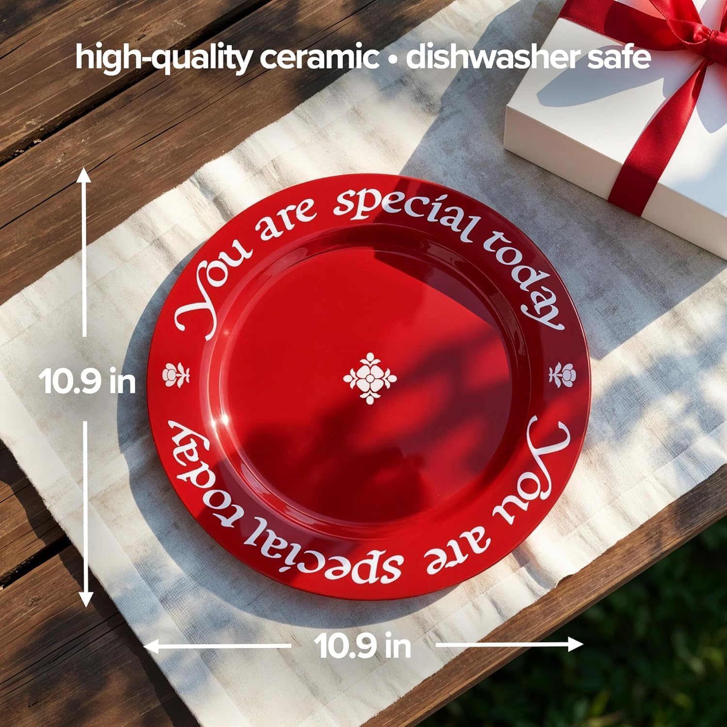 You Are Special Today Red Plate, Set of 2-10.75-Inch China Dinner Plates, Dishwasher & Microwave Safe, Gift Boxed with Pen - Unique Dinnerware for Celebrations & Guests