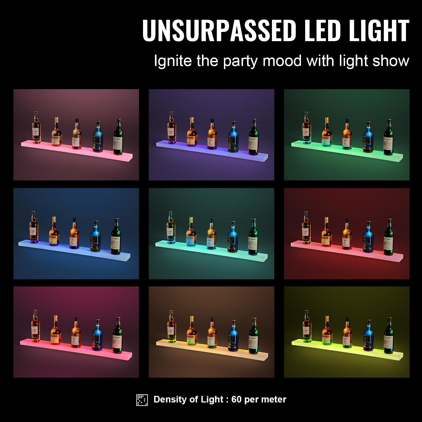 Happybuy LED Lighted Liquor Bottle Display,1 Tier 40 Inch Wall Mounted Whiskey Rack Stand,1 Step Commercial Illuminated Home Bar Shelf, Acrylic Drinks Lighting Shelves with RF Remote & App Control