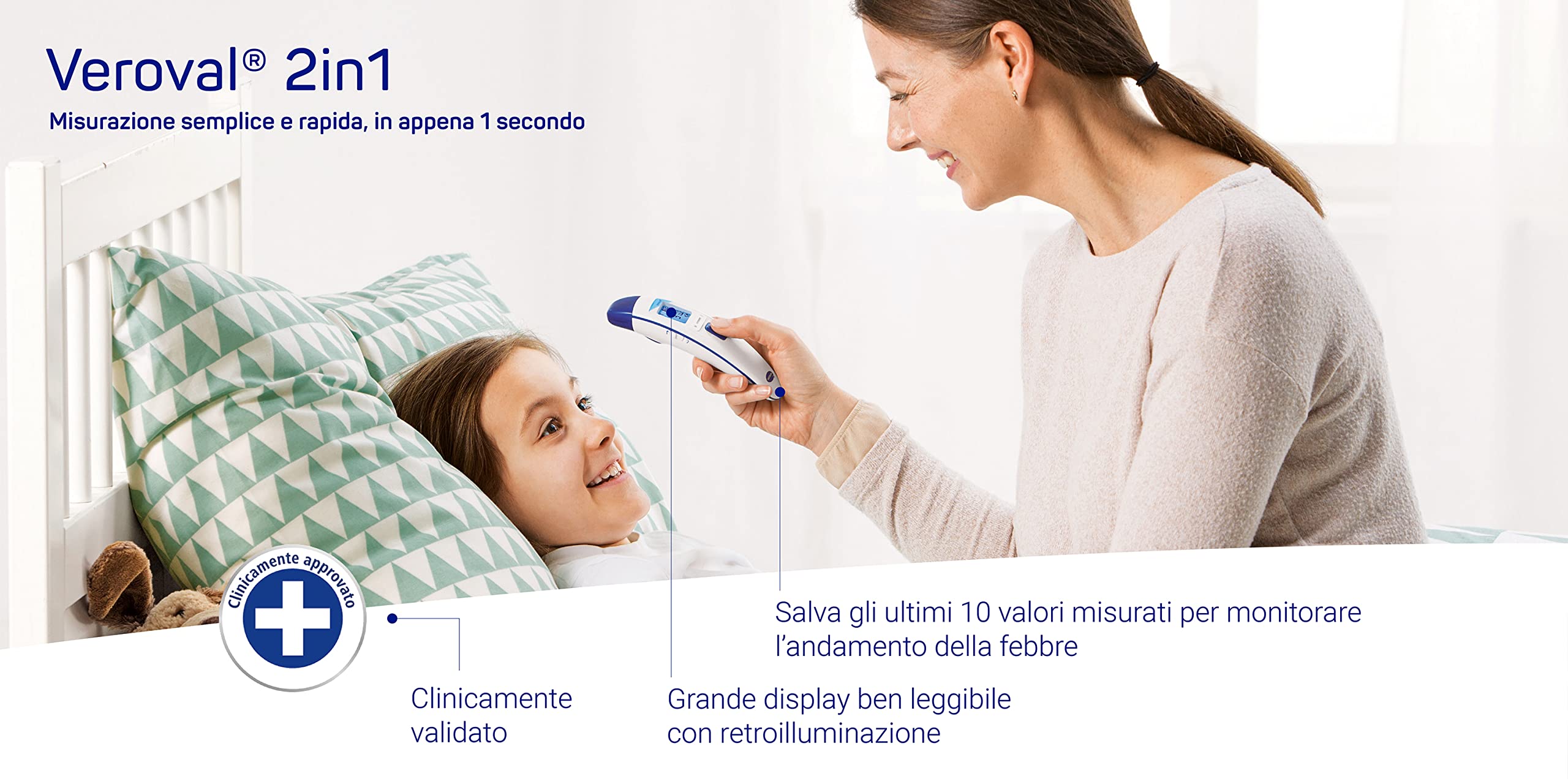 Veroval, Termometro a Infrarossi Veroval 2 in 1 per Misurare la Febbre Nell’Orecchio o Sulla Fronte in Modo Semplice e Rapido; Ottimo per Famiglie Con Bambini; 1 Scatola Contenente 10 Cappucci Monouso