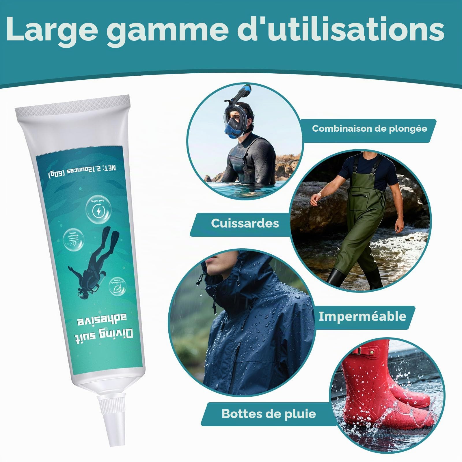 Kit de réparation en néoprène de 120 g, résistant à l'eau salée et aux étirements répétés, spécialement conçu pour la réparation des cuissardes, combinaisons en néoprène, bateaux gonflables en PVC