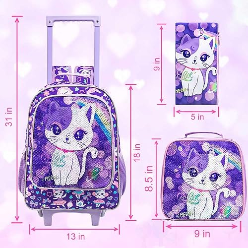 Miniatura 5 de Mochila con ruedas de 3 piezas para niñas y niños, bolsa de libros con ruedas de dinosaurio de unicornio