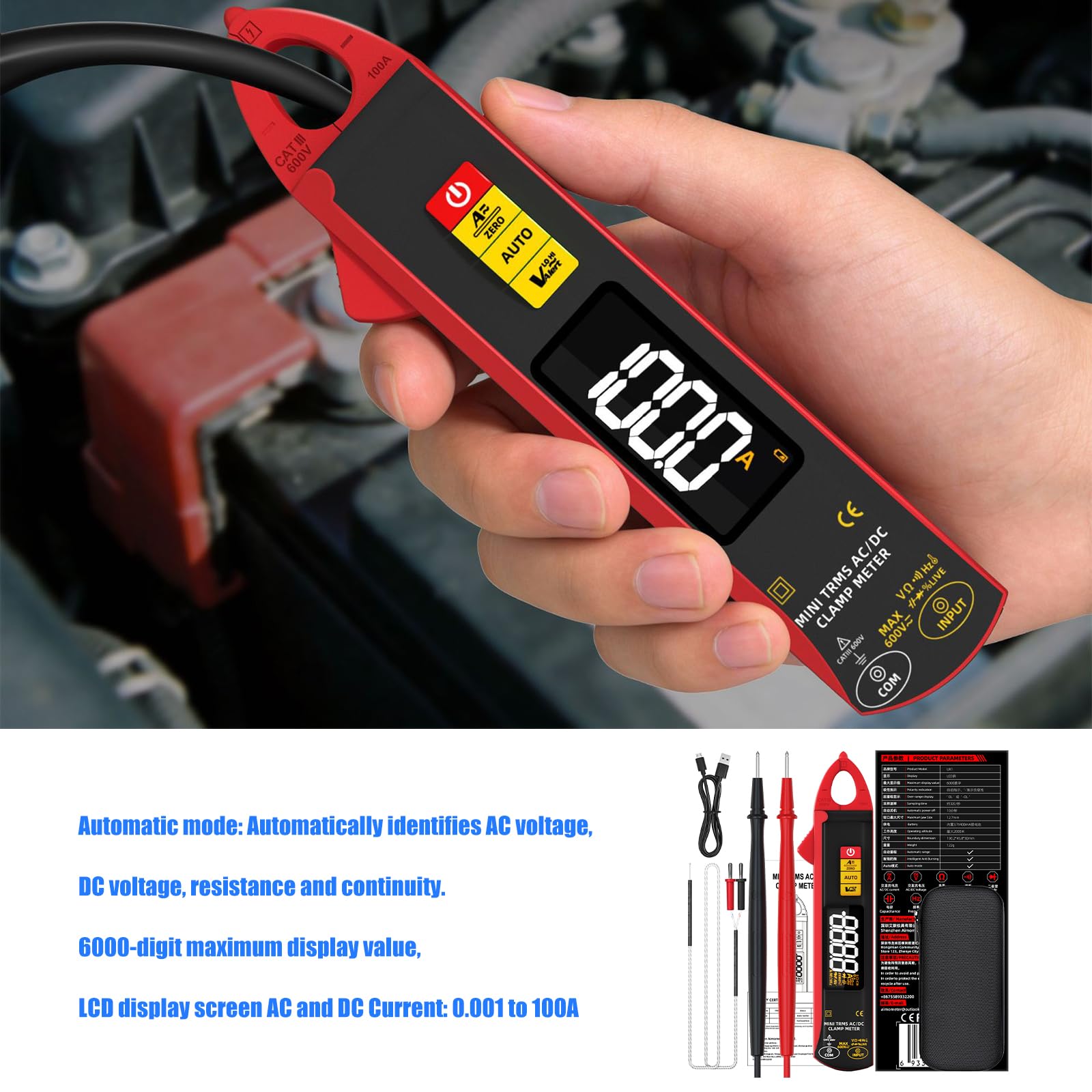 Cyfrowy miernik cęgowy 100 A prąd 450 V napięcia TrueRMS szczypce amperomierz automatyczny zakres 6000 zliczeń multimetr tester napięcia prądu tester