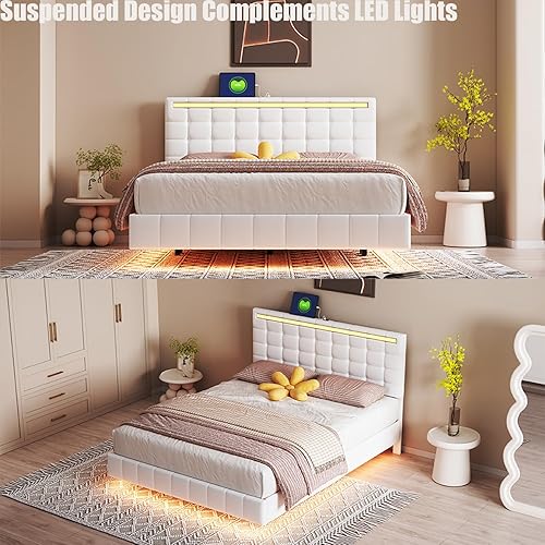 Miniatura 5 de Base de cama flotante tamaño Queen con luces LED de ambiente y carga USB, moderna plataforma tapizada de poliuretano LED, cabecera ajustable, cama