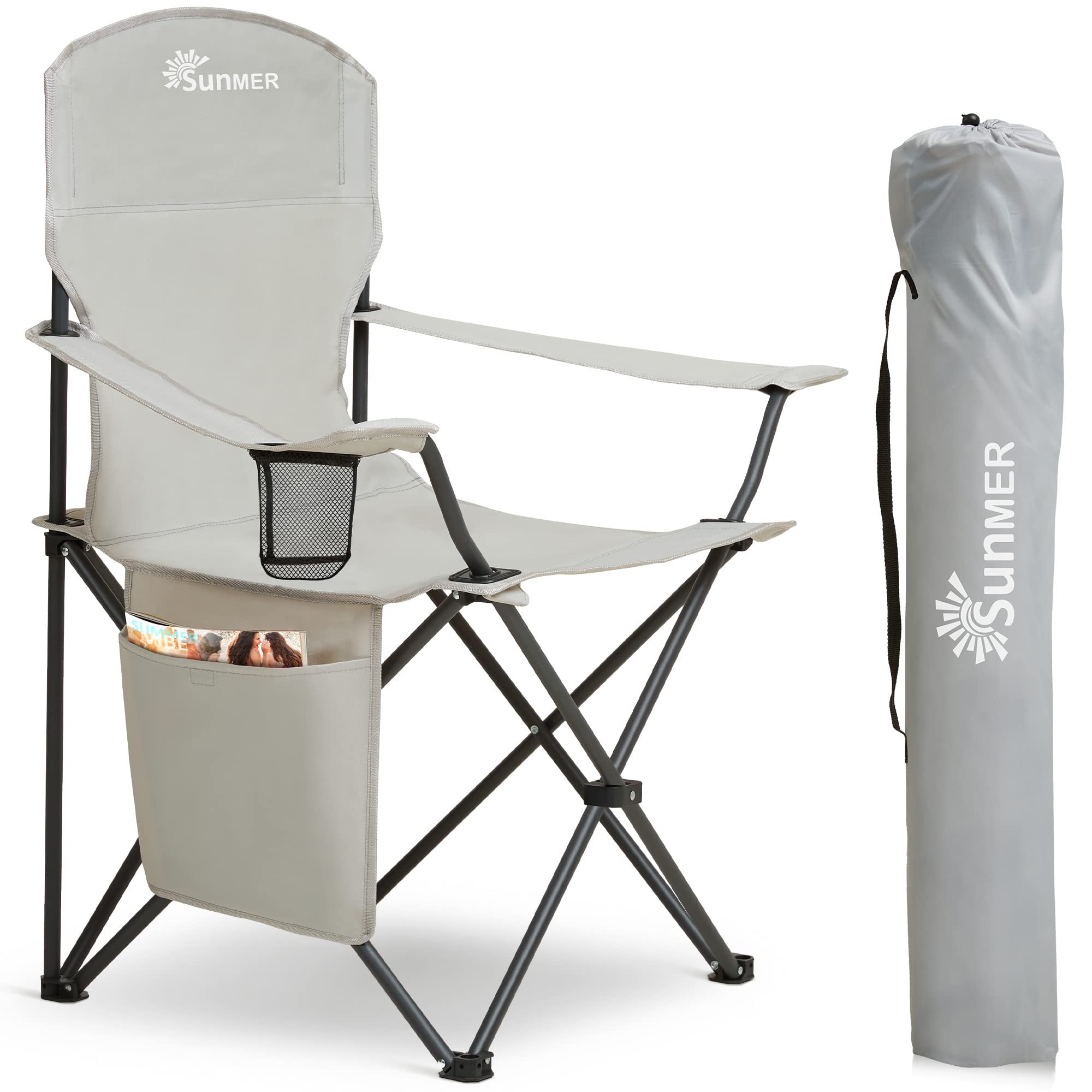 SUNMER Folding Camping Chairs, Extra Wide Lightweight Outdoor Chairs with Armrests and Cup Holder, 120 kg Capacity - Light Grey