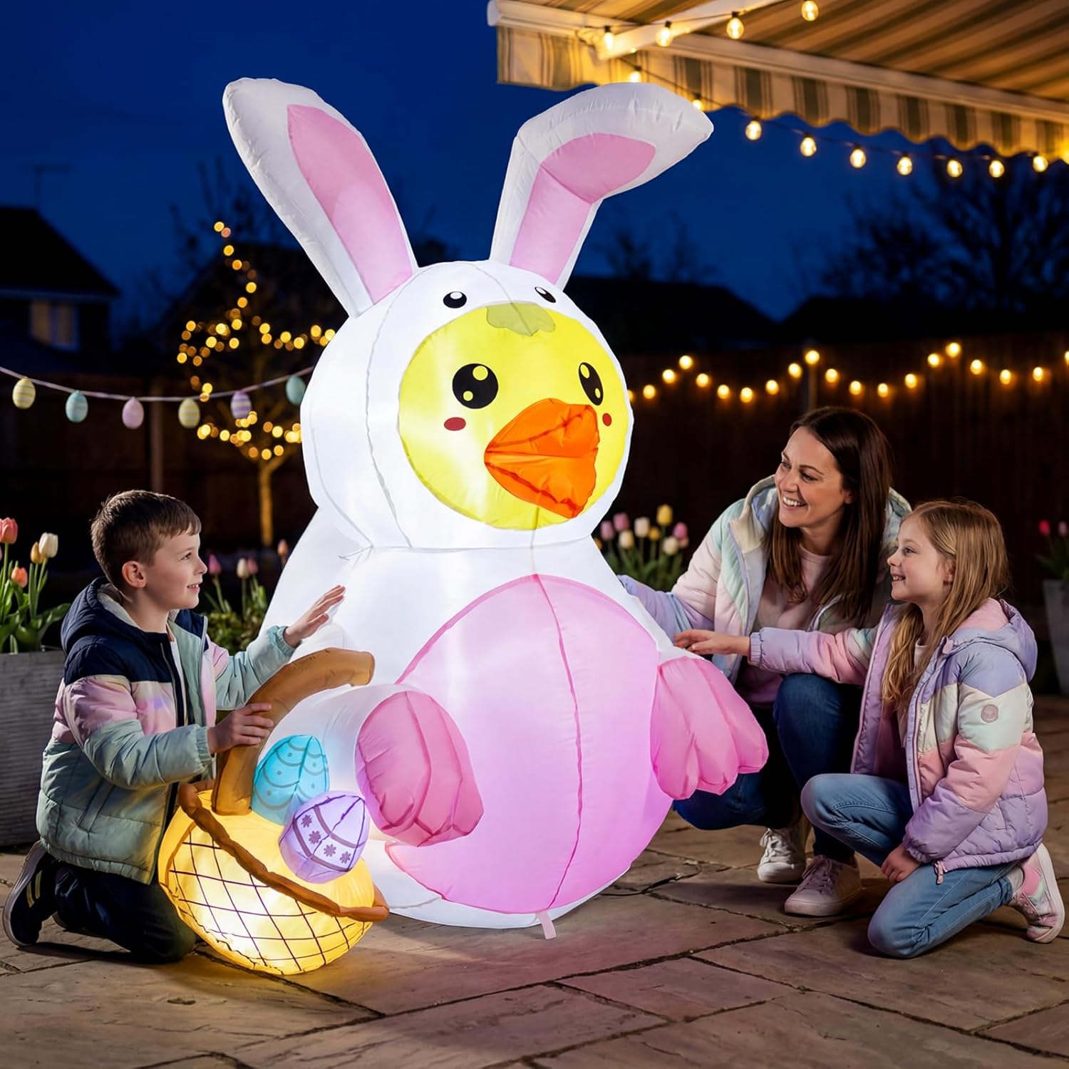 5FT Easter Inflatable Duck with Bunny Ears and Egg Basket, Built-in LED Lighted Blow Up Decoration for Home, Yard, Outdoor, Indoor, Garden, Lawn Easter Inflatables Outdoor Decorations