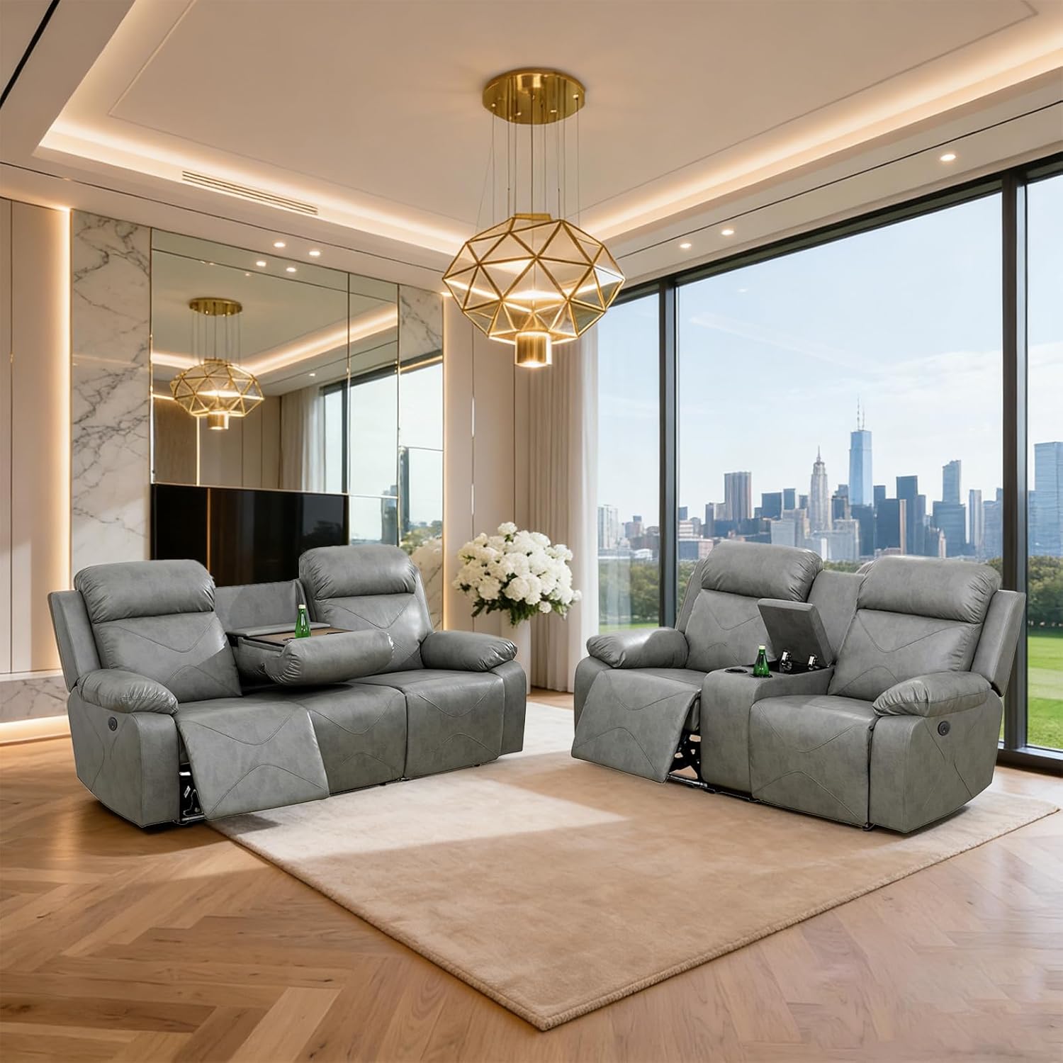 2 Piece Leather Power Recliner Sofa Set with USB Ports,LED Ambient Lighting & Storage Console, Modern Ergonomic Sectional Couch for Living Room,Home Theater Seating (Loveseat+Sofa,Grey) | USB ports, LED ambient lighting, a drop-down console, Storage Compartment, Cup Holders