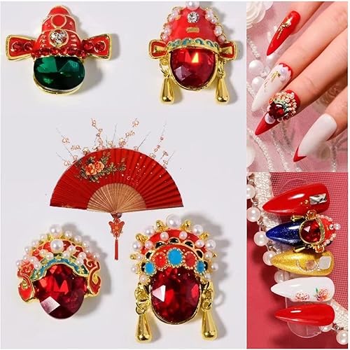 Miniatura 8 de Dijes para uñas, 10 unidades, estilo chino, ópera de Beijing, maquillaje facial, accesorios de uñas, cadena de circón, perlas de metal, diamantes de