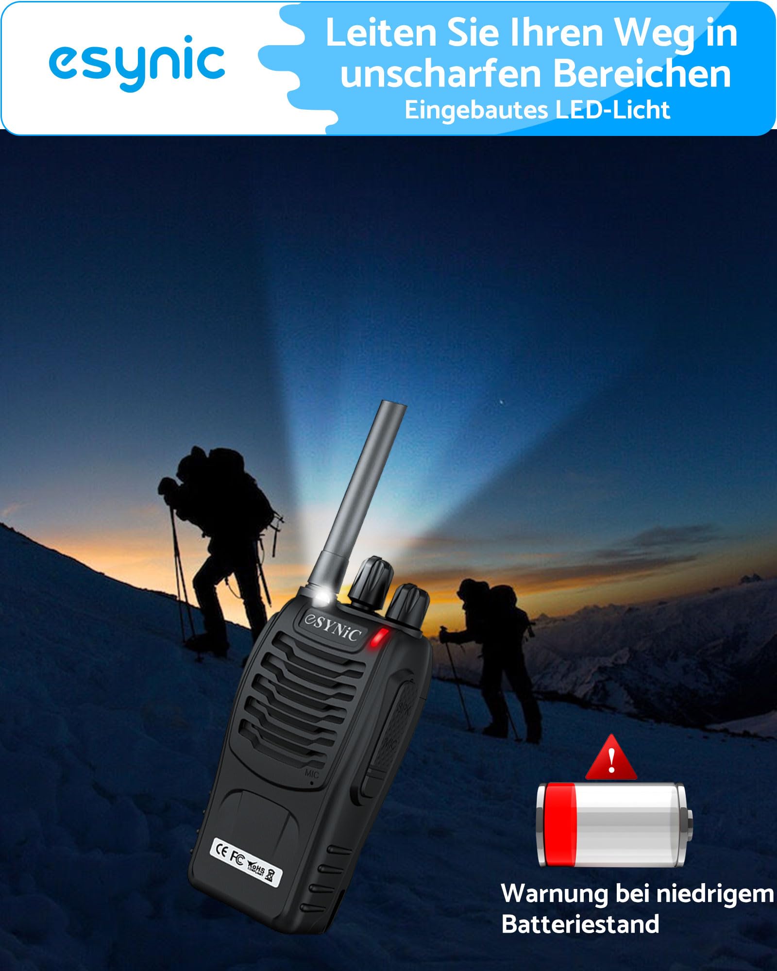 eSynic Wiederaufladbare Walkie Talkies – 8er Set PMR446 Lizenzfreie 2-Wege Radio mit 16 Kanälen, LED Taschenlampe, VOX Freisprechfunktion, Handgerät für Outdoor, Schule, Zuhause, Road Trip, Camping