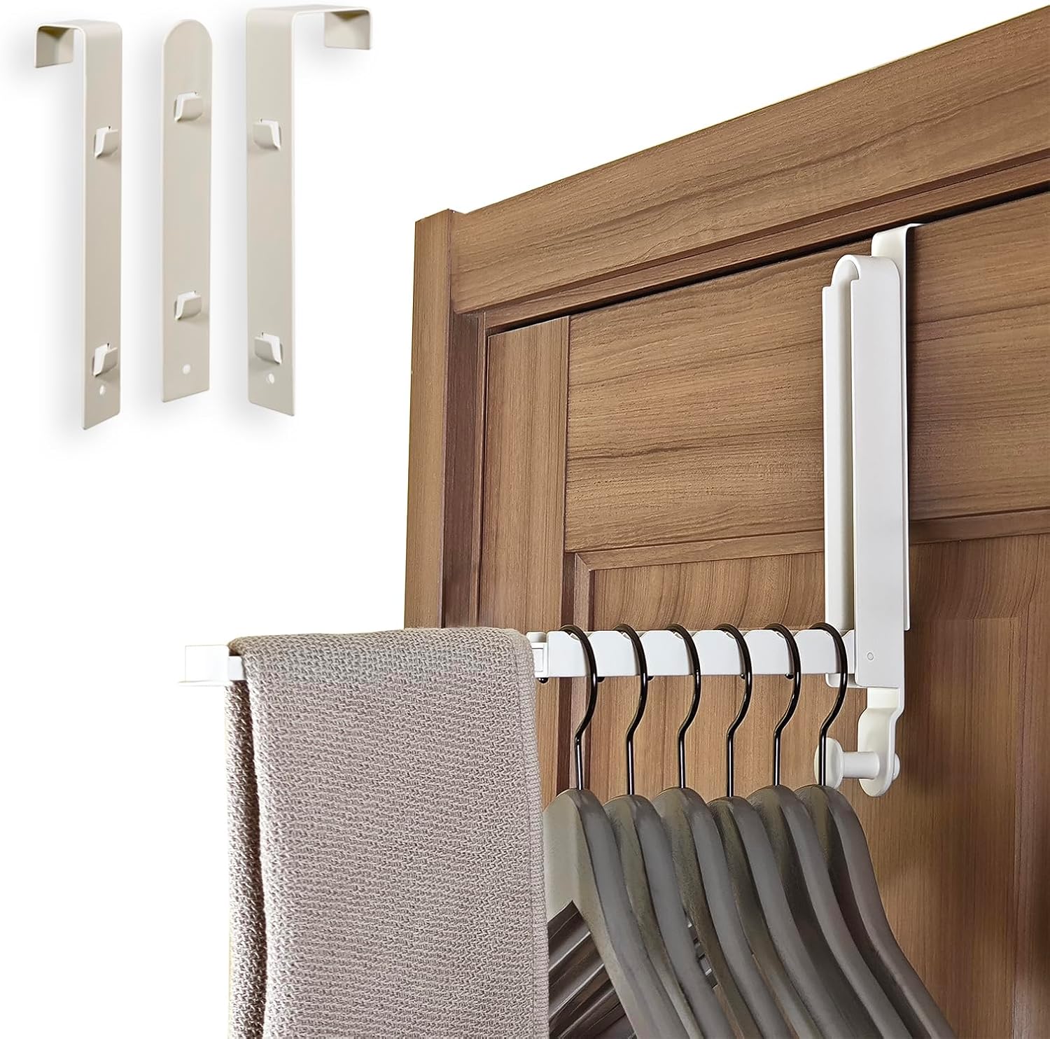 Folding Clothes Drying Rack with 3 Brackets for Over The Door and Wall Mount, All Metal Laundry Dryer Rack with Retractable Rod for Towel, Fit Doors Thickness from 0.59in to 1.96in (Cream White)