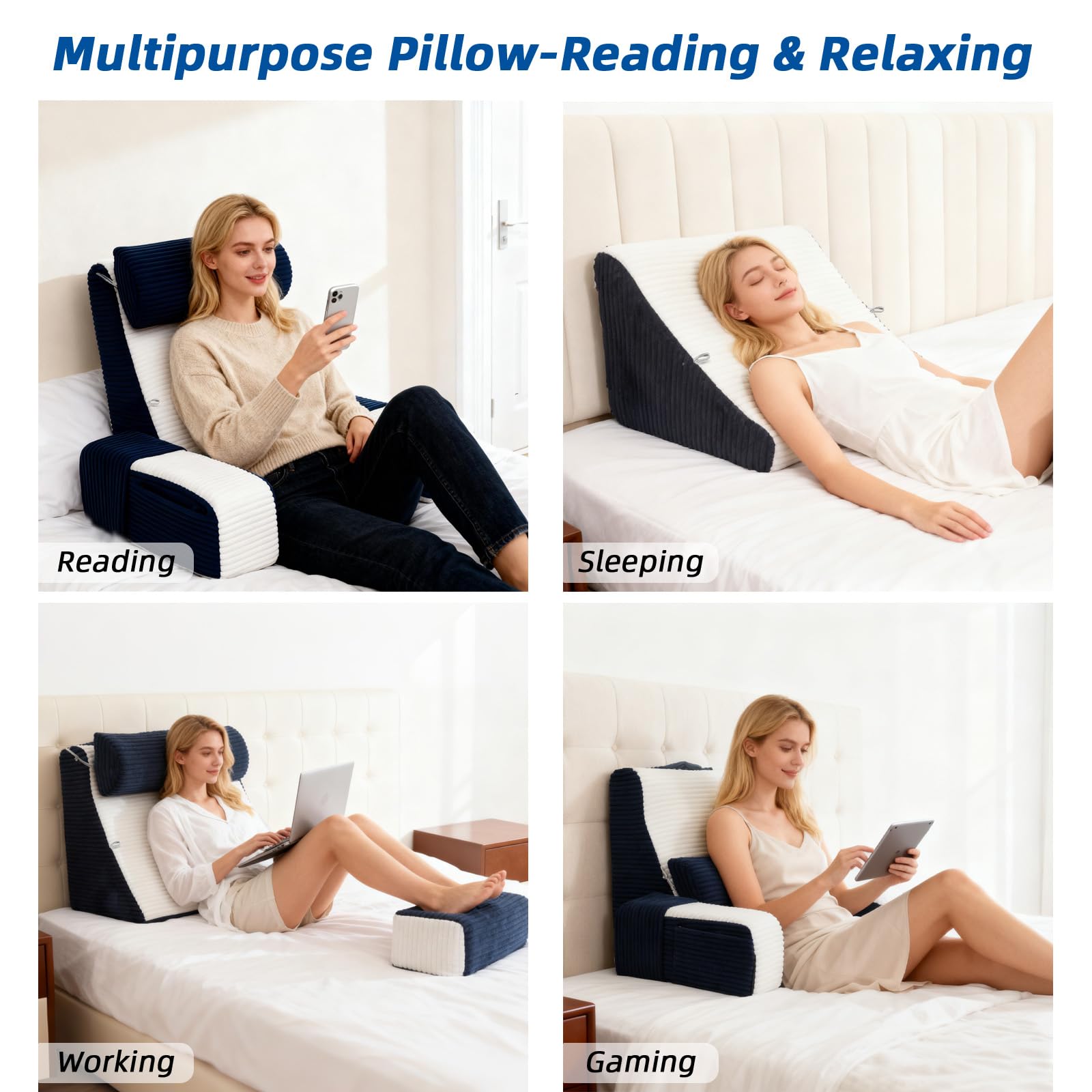 Oreiller de Lecture pour lit, Coussin d'appui Dorsal réglable avec accoudoirs et Appui-tête, adapté à la Lecture/Jeux/Relaxation/télévision, Bleu & Blanc