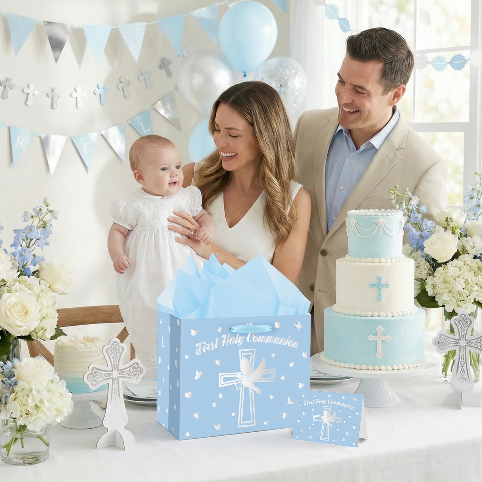 Yomaiha Blue First Holy Communion Gift Bag with Wrapping Paper and Greeting Card, Silver Cross Gift Bag with Pigeon Design Christian Religious Wrapping Paper Bag for Baby Boy Baptism Party Supplies