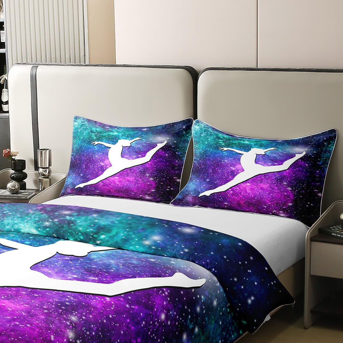 Loussiesd Gymnastik Bettbezug Set Glitter Bettwäsche Set 135x200cm 100% Baumwollecm für Kinder Mädchen Weltraum Galaxie Dekor Betten Set Bettdeckenbezug Blau und Lila Galaxie Schlafzimmer Bettwäsche