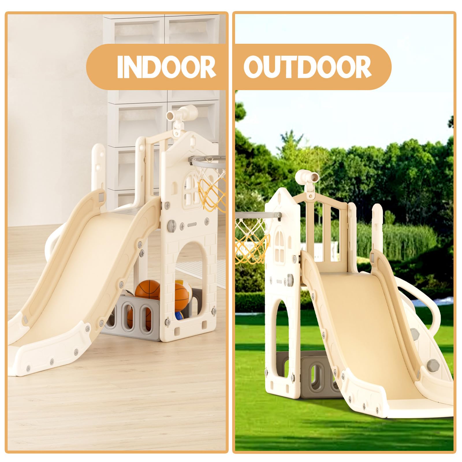 KORIMEFA Tobogán Infantil 5 en 1 con Canasta Plegable y balón de Baloncesto, Pequeño tobogán Infantil Toboganes Independientes para niños y niñas a partir de 1 año, para uso interior y exterior (Café)