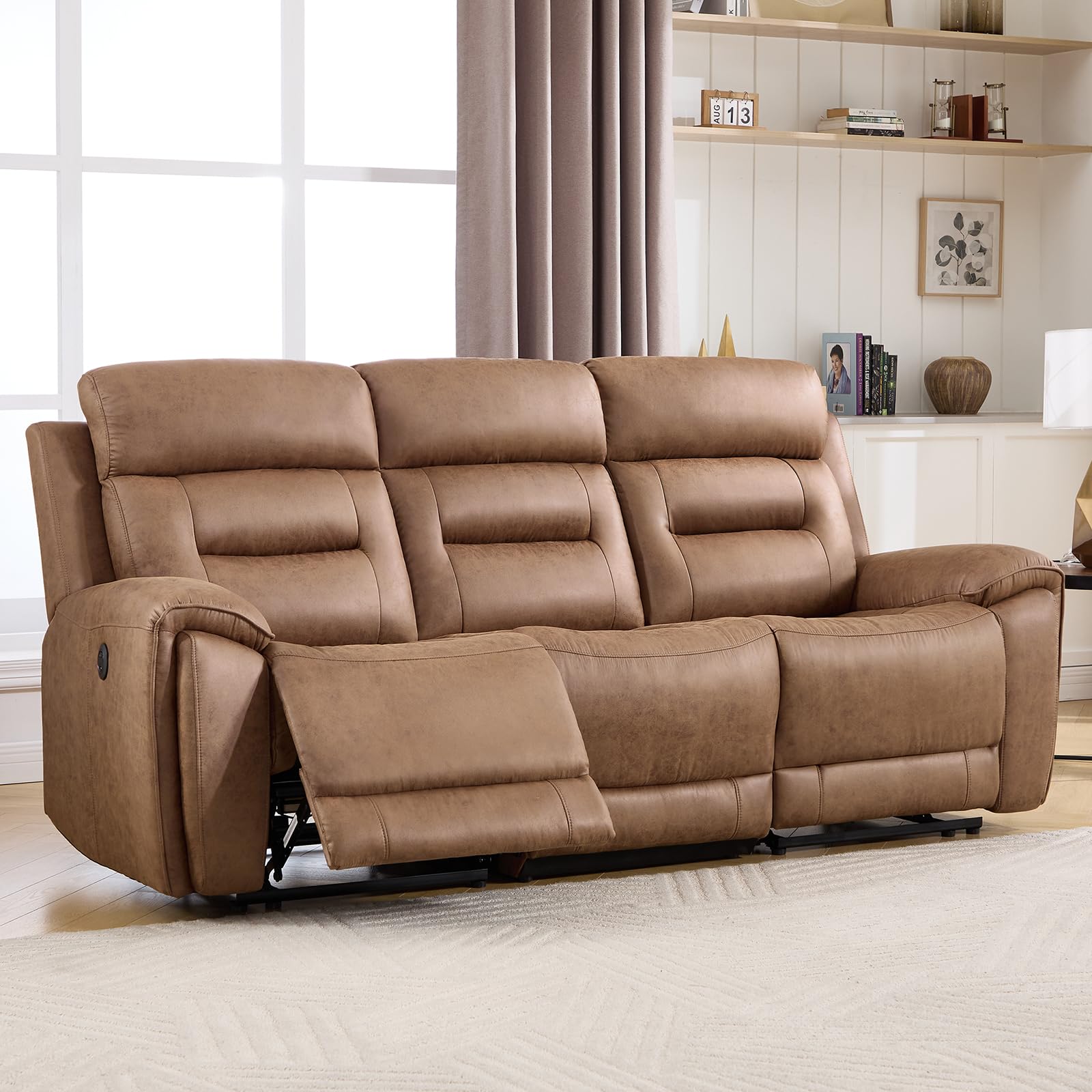 ANJ Power Oversized Reclining Sofa Couch, Breathable Faux Leather 3-Seater Electric Recliner Couches with USB&amp;Type-C Charging Ports for Living Room, Brown