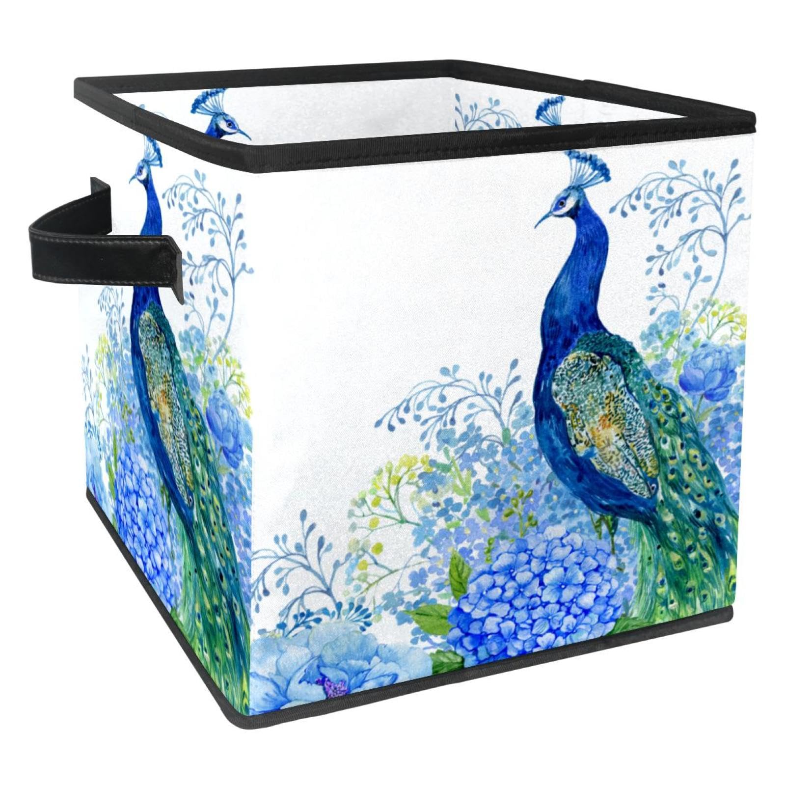 Boîte de rangement cube motif paon en tissu premium pour dressing élégant