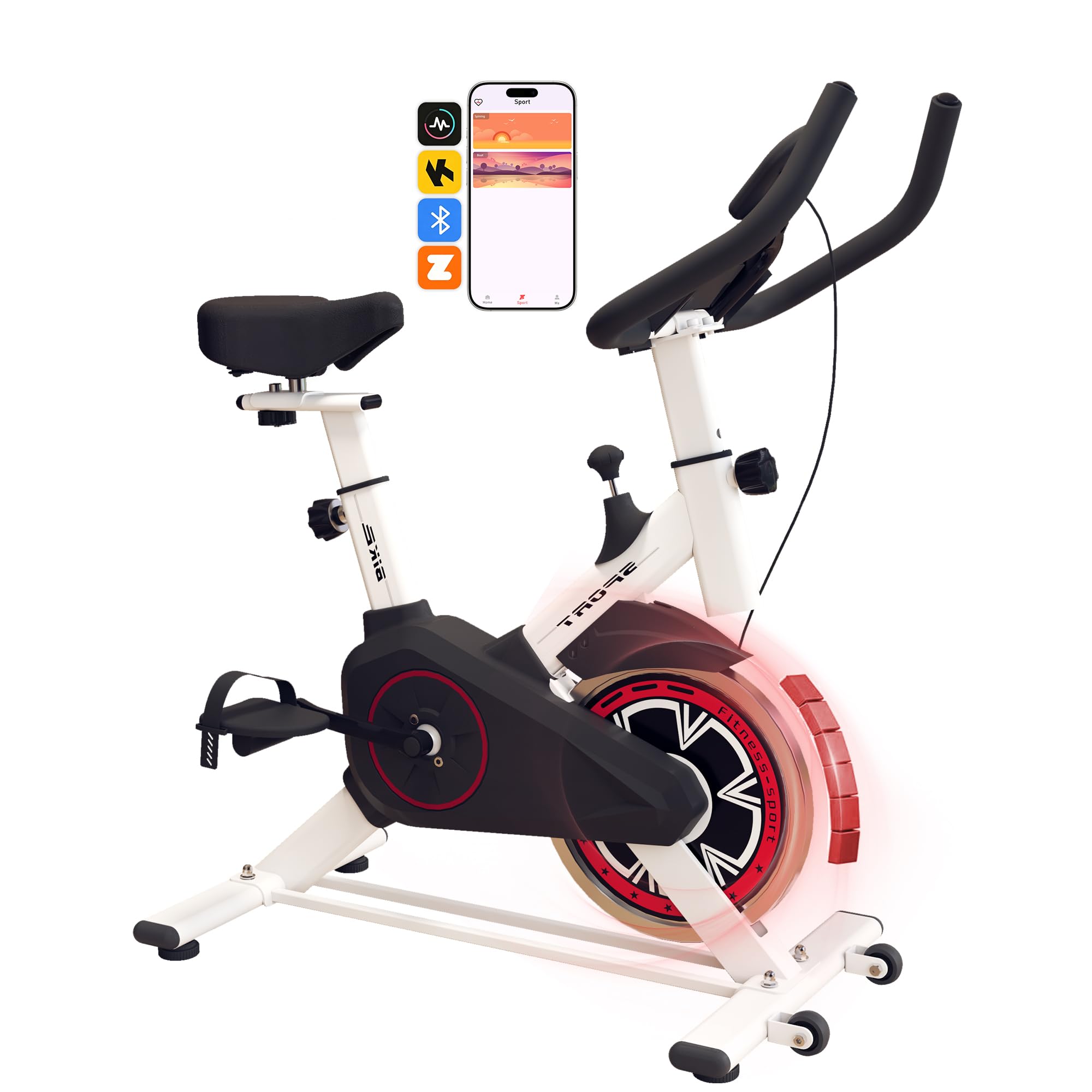Indoor Exercise Bike with Heart Rate Monitor, APP Connected Stationary Bike for Home Gym, Silent Belt Drive, Adjustable Resistance & Seat, 3D Scene Cycling Game, Ideal for Cardio Training (White)