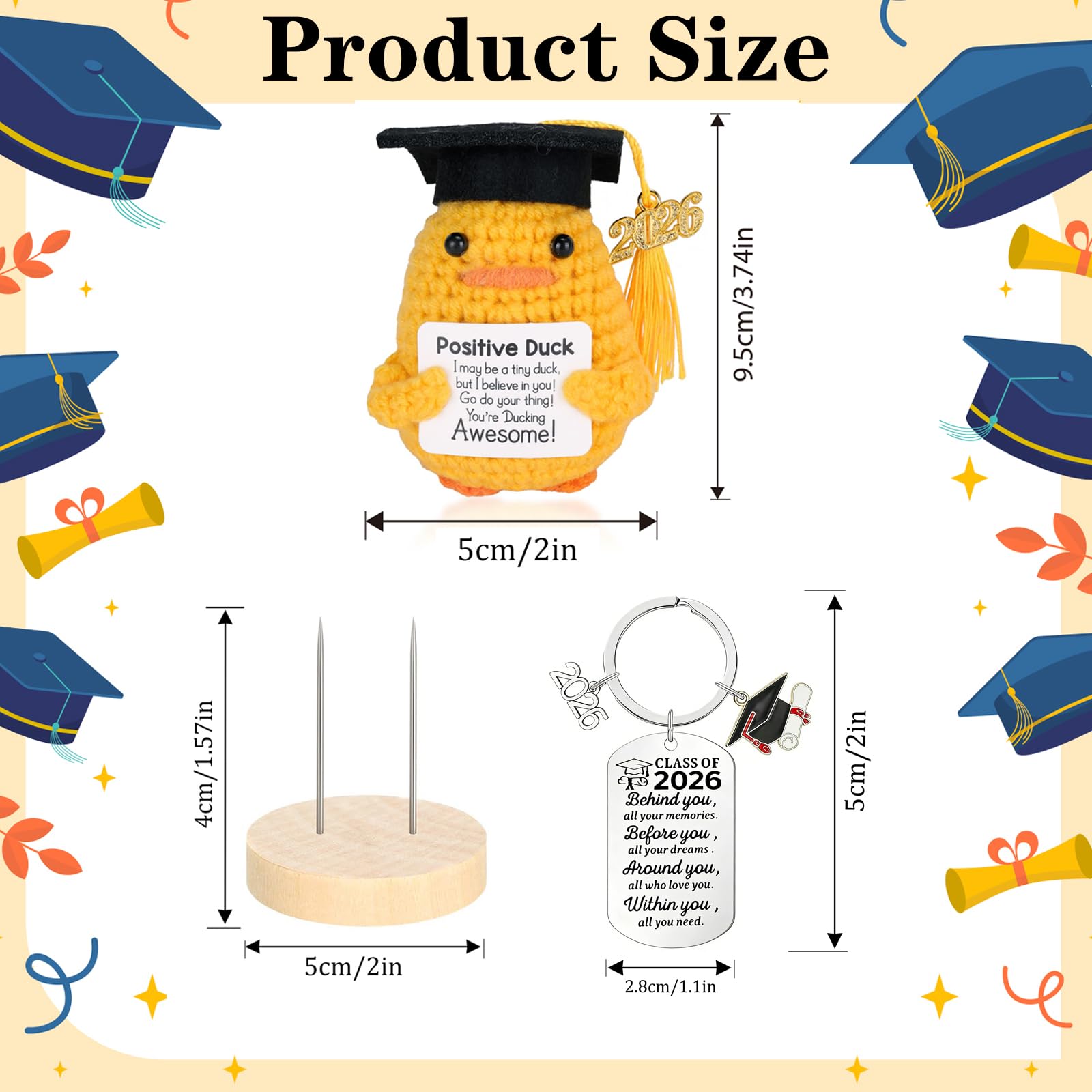 2 PCS Graduation Gifts Set Class of 2026, Inspirational Positive Duck with Keychain, Cap and Greeting Card, Cute Handmade Funny Emotional Support Pickle for Her Him High School College - 3