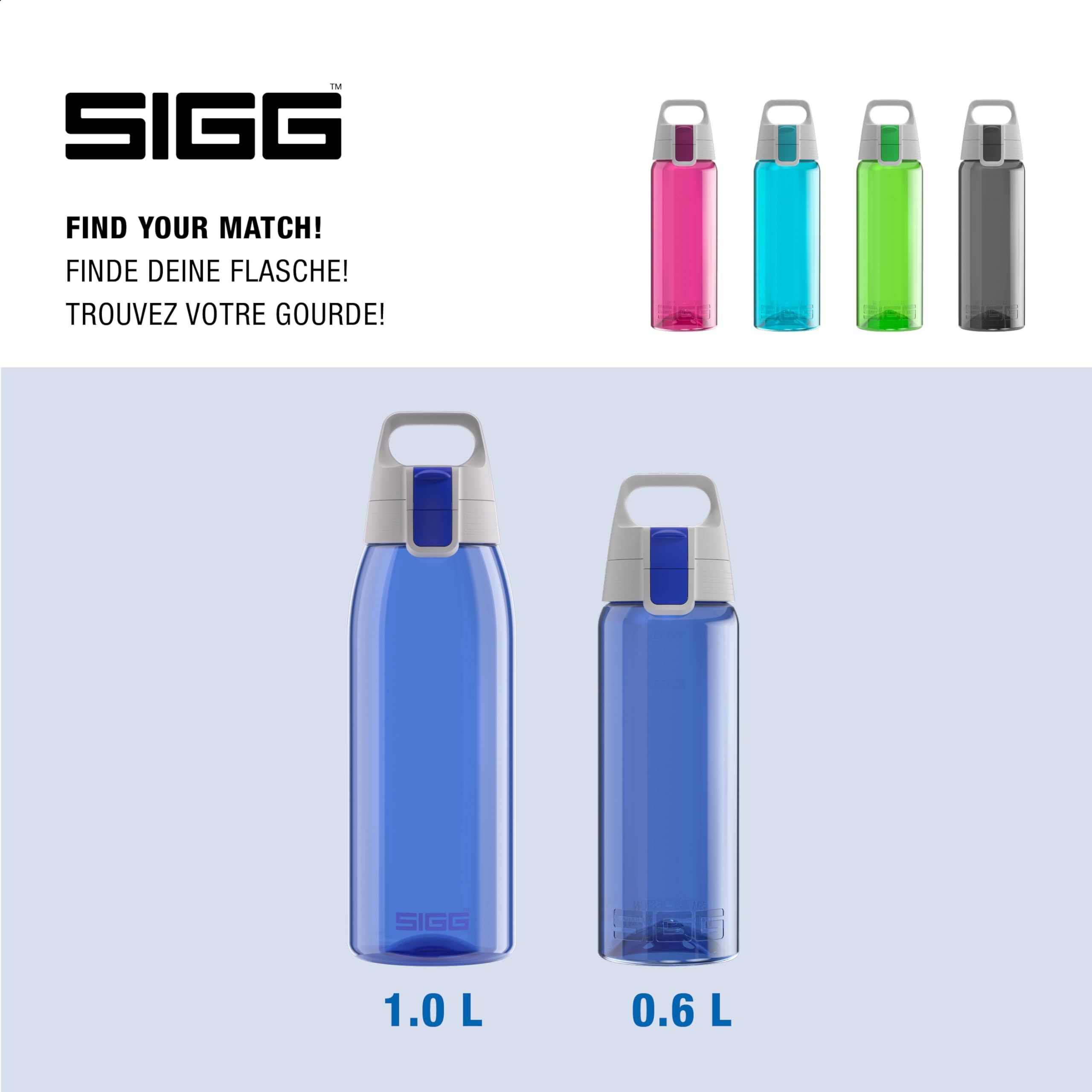 Sigg Butelka na wodę z tritanu, kolor uniwersalny, nadaje się do napojów gazowanych, nadaje się do mycia w zmywarce, szczelna, bez BPA, 0,6 l / 1 l