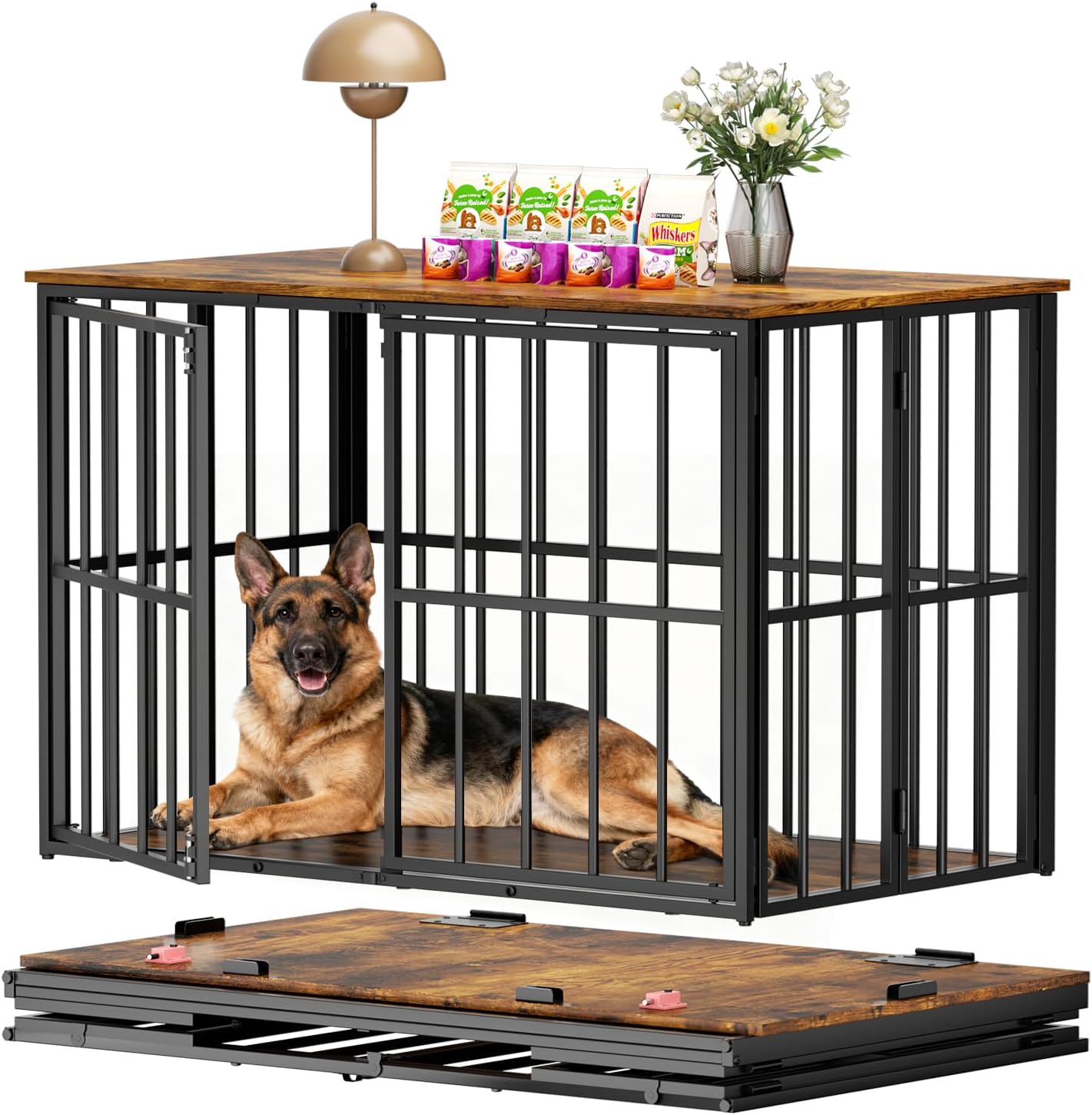 LOVMOR 40" Folding Furniture Style Dog Crate End Table for Medium Dogs, Indoor Decorative Dog Kennel Side Table with Wood Top, Heavy-Duty Dog Cage, Easy Assembly & Space-Saving Storage