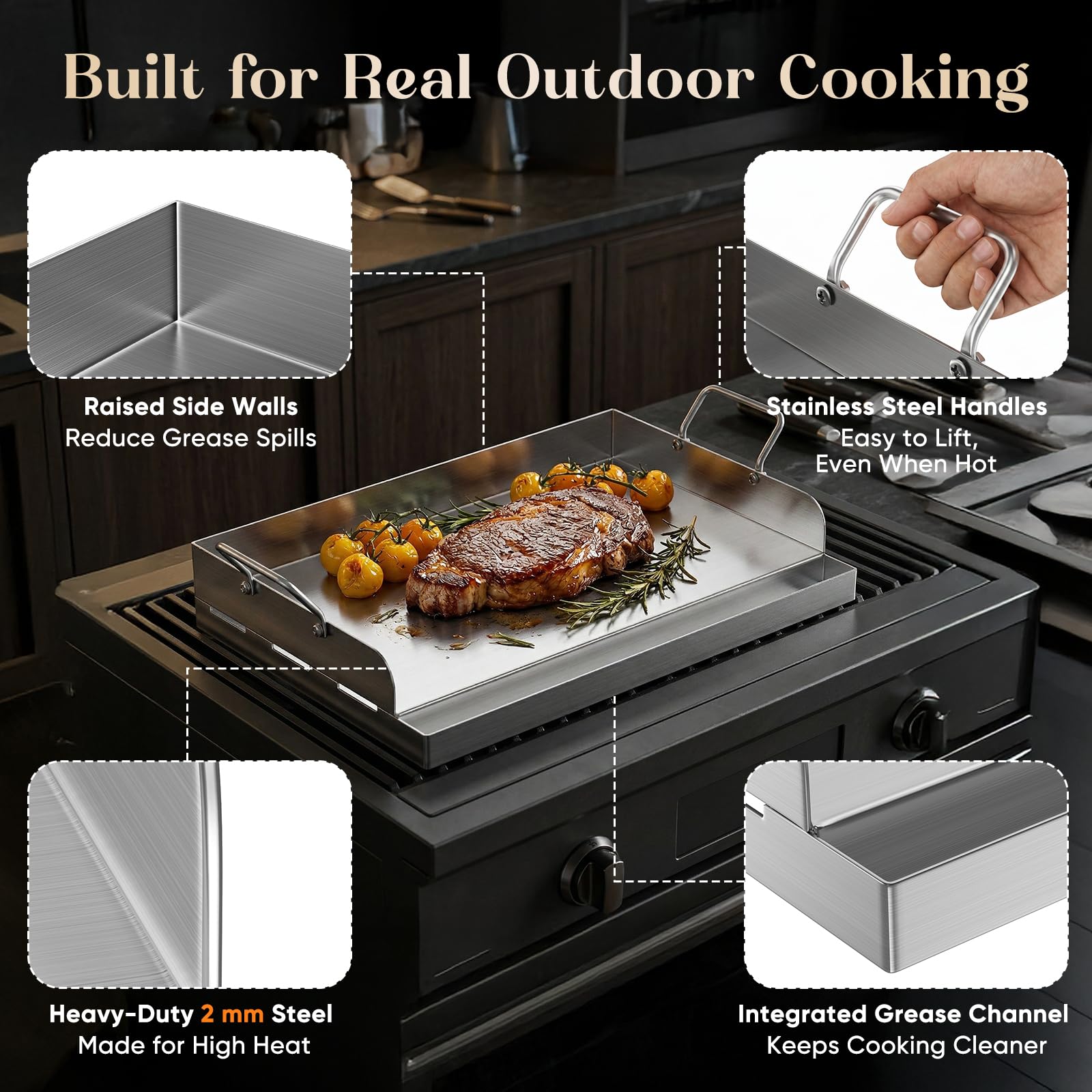 Piastra per barbecue in acciaio inox, 54 x 41 cm, grande piastra con 2 spatole, piastra per barbecue con manico rimovibile e canalina di raccolta grasso alta 3 cm, per barbecue a gas e