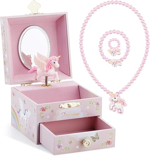 RR ROUND RICH DESIGN Kids Musical Jewelry Box for Girls with Drawer and Jewelry Set with Mysterious Unicorn - Over the Waves Tune Pink