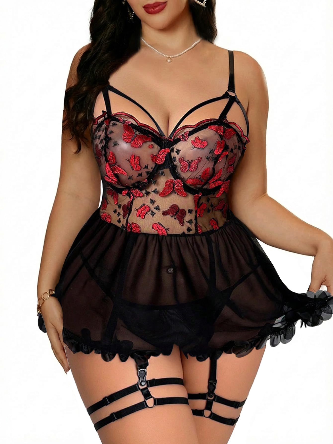 Alrovetoney Plus Size Lingerie For Curvy Women Ruffle Lingerie Set Sexy Lace Lingerie Set Garter Belt With Stockings
