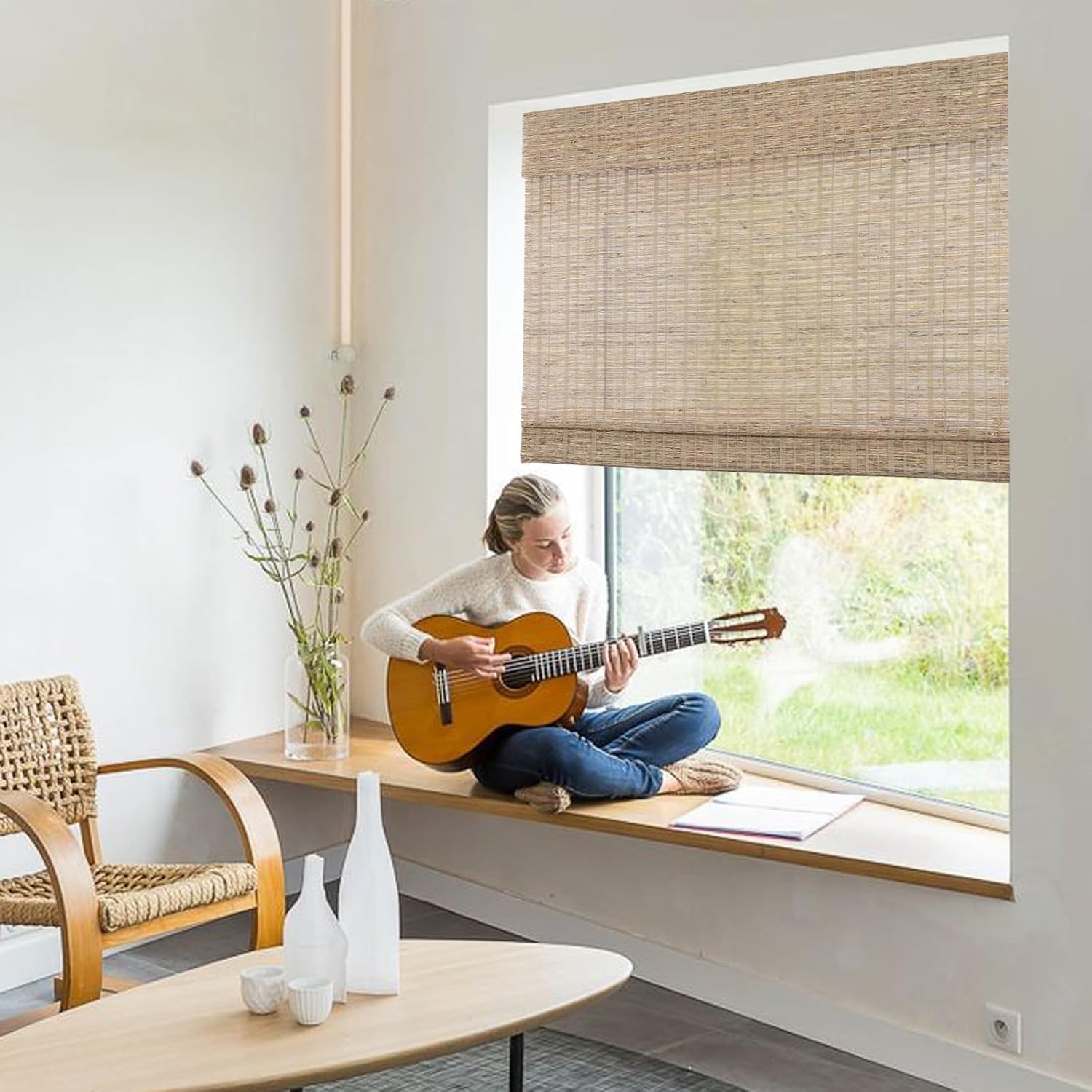Sunbox Cordless Linen Roman Shades, Custom Natural Hemp and Bamboo Lined Blackout Window Shades Blinds, Easy to Install for Home Windows, Kitchen, Door, Beige Gray