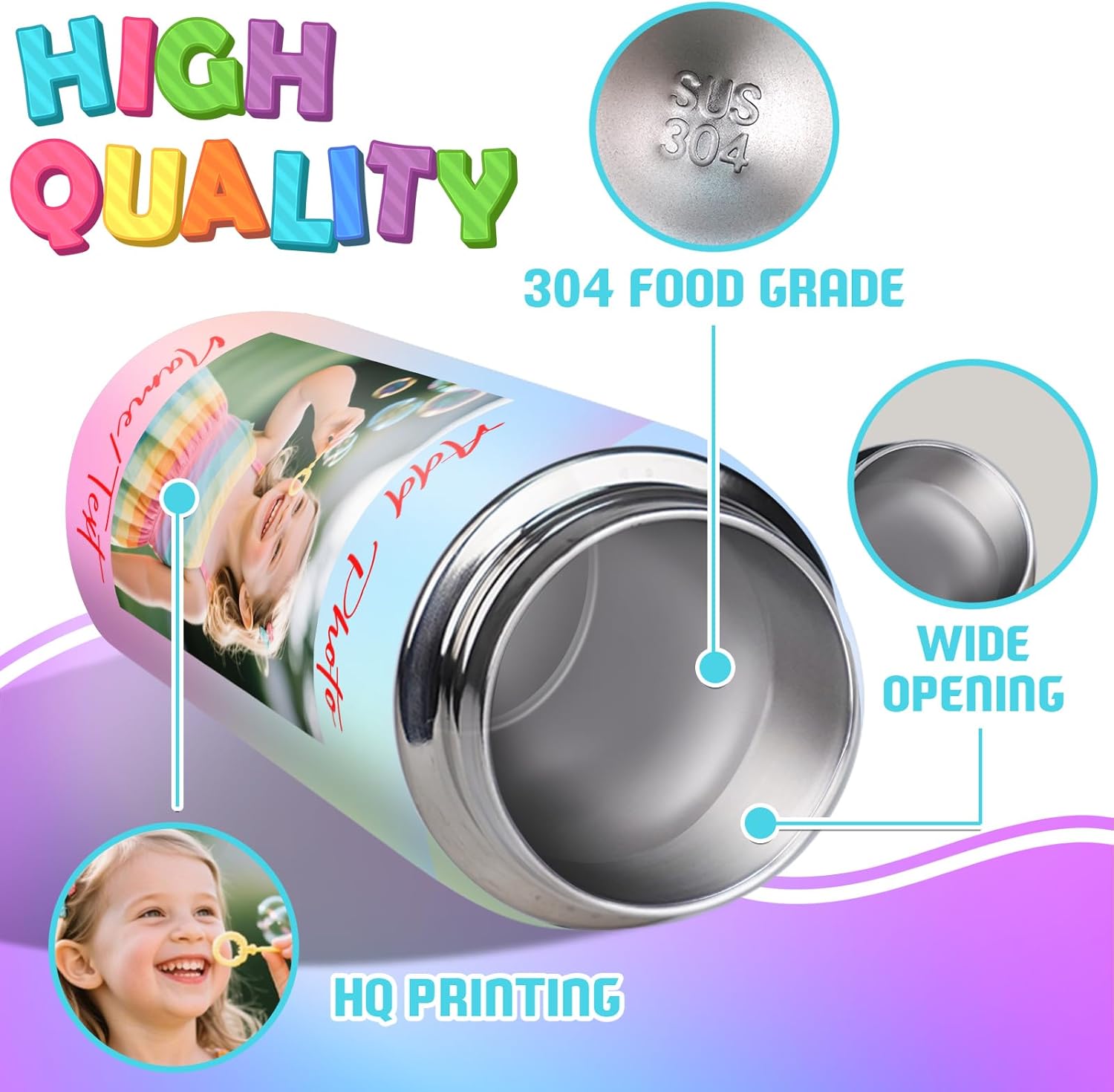 Personalized Kids Water Bottle with Name Photo Text, Back to School Gifts for Boys Girls, 18oz Custom Cup with Straw, Customized Tumbler with 12 Colors, Christmas Birthday Gifts (Photo/Text) - Image 5